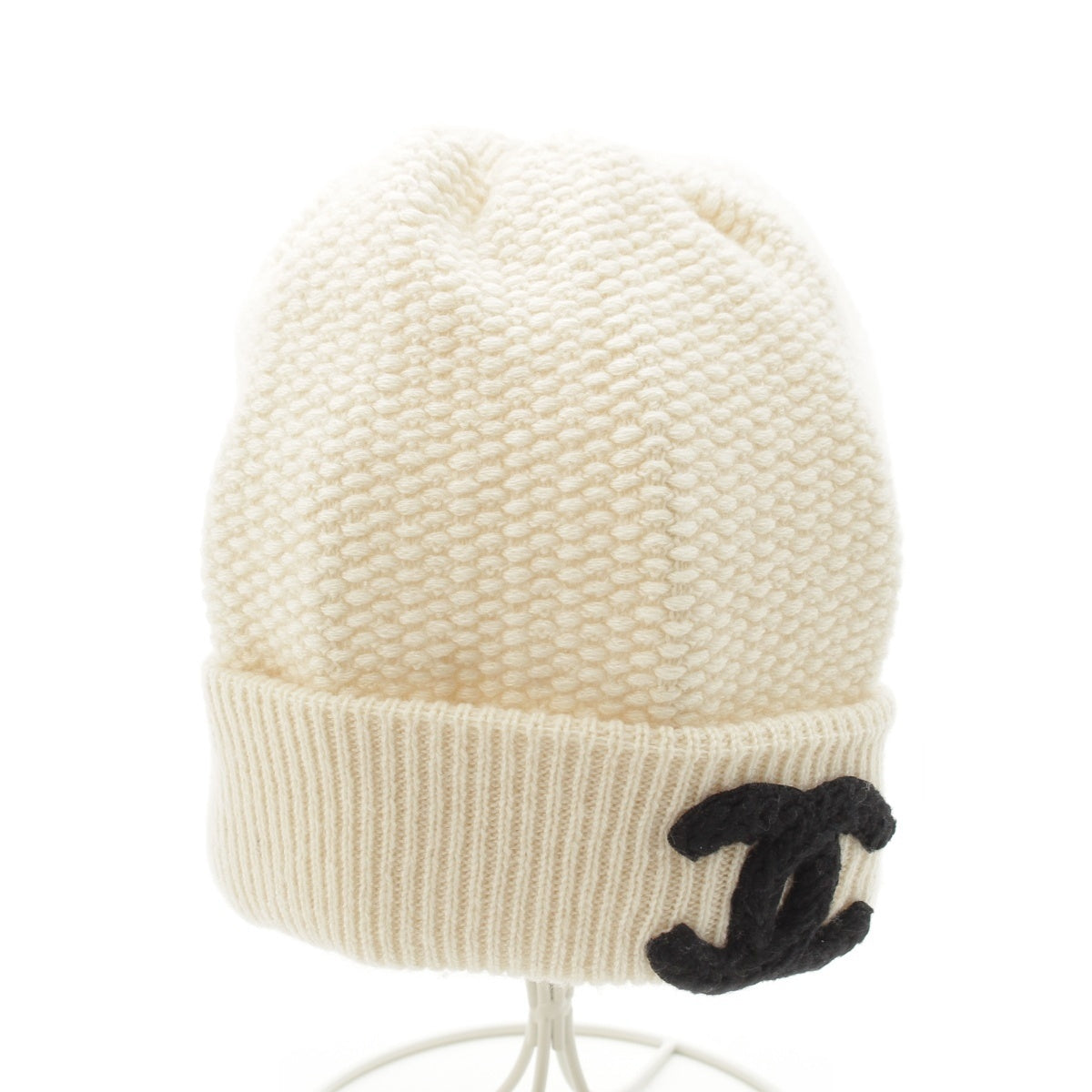 CHANEL COCO Mark cashmere Knit cap hat White black