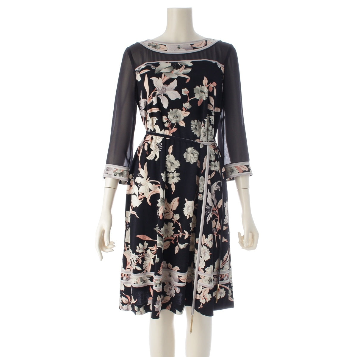 LEONARD Cancan material Velvet sheer floral print one piece dress black 38