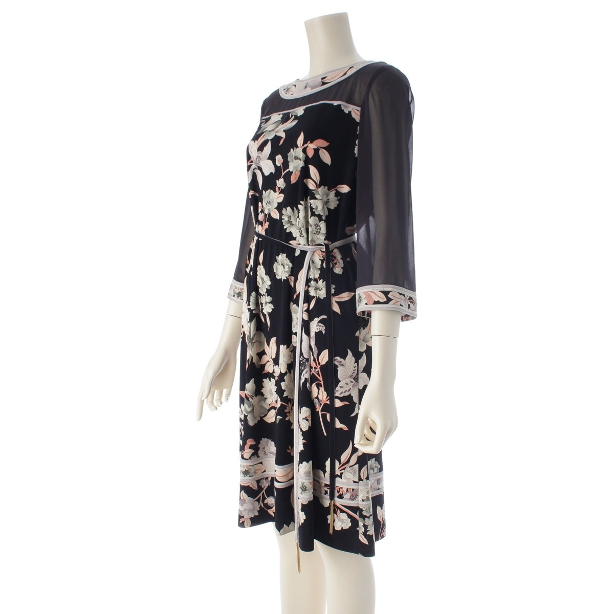 LEONARD Cancan material Velvet sheer floral print one piece dress black 38