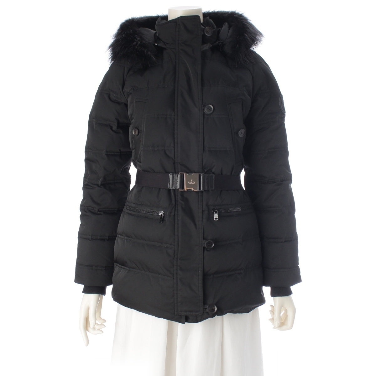 GUCCI Belted fur hood Down jacket logo 357547 black 36