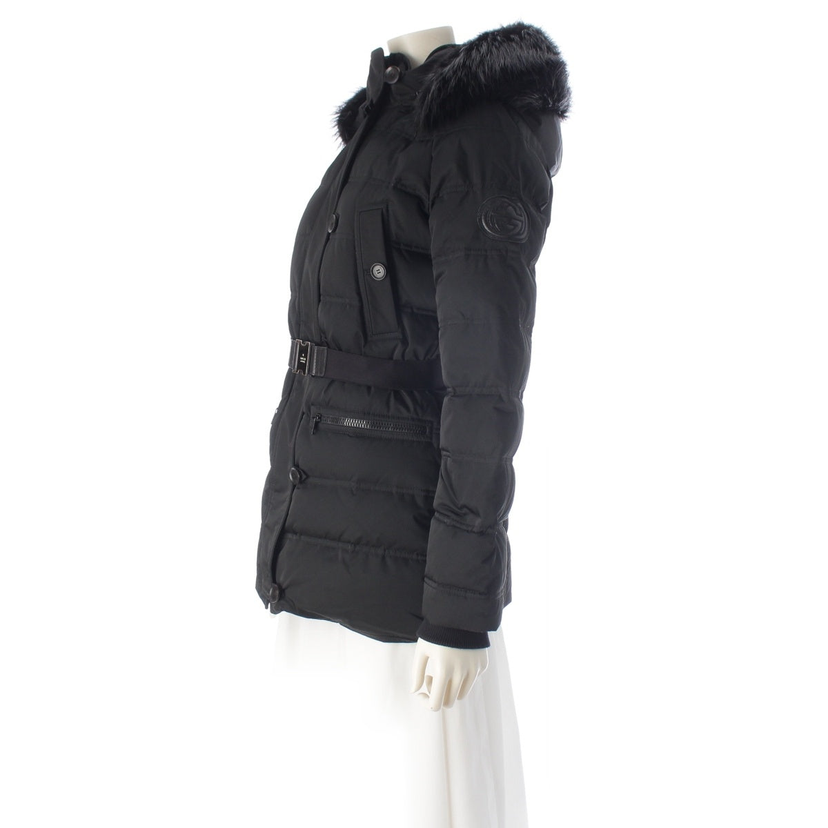GUCCI Belted fur hood Down jacket logo 357547 black 36