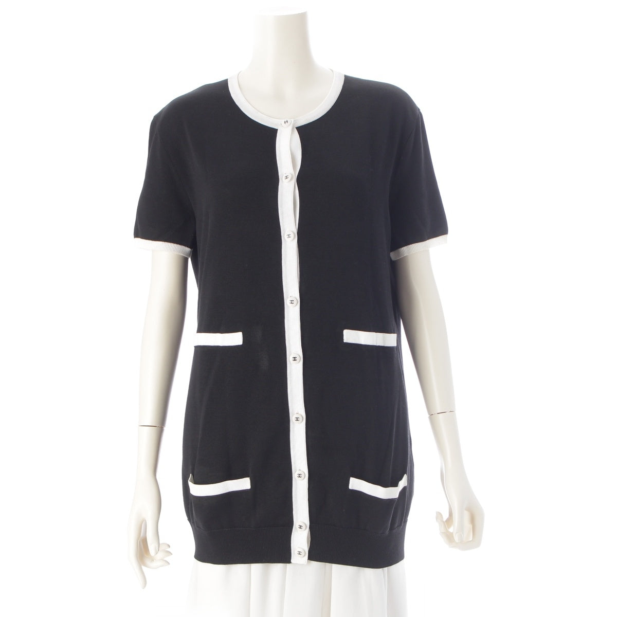 CHANEL cotton Knit short sleeves cardigan tops P06329V00277 Black x white 42