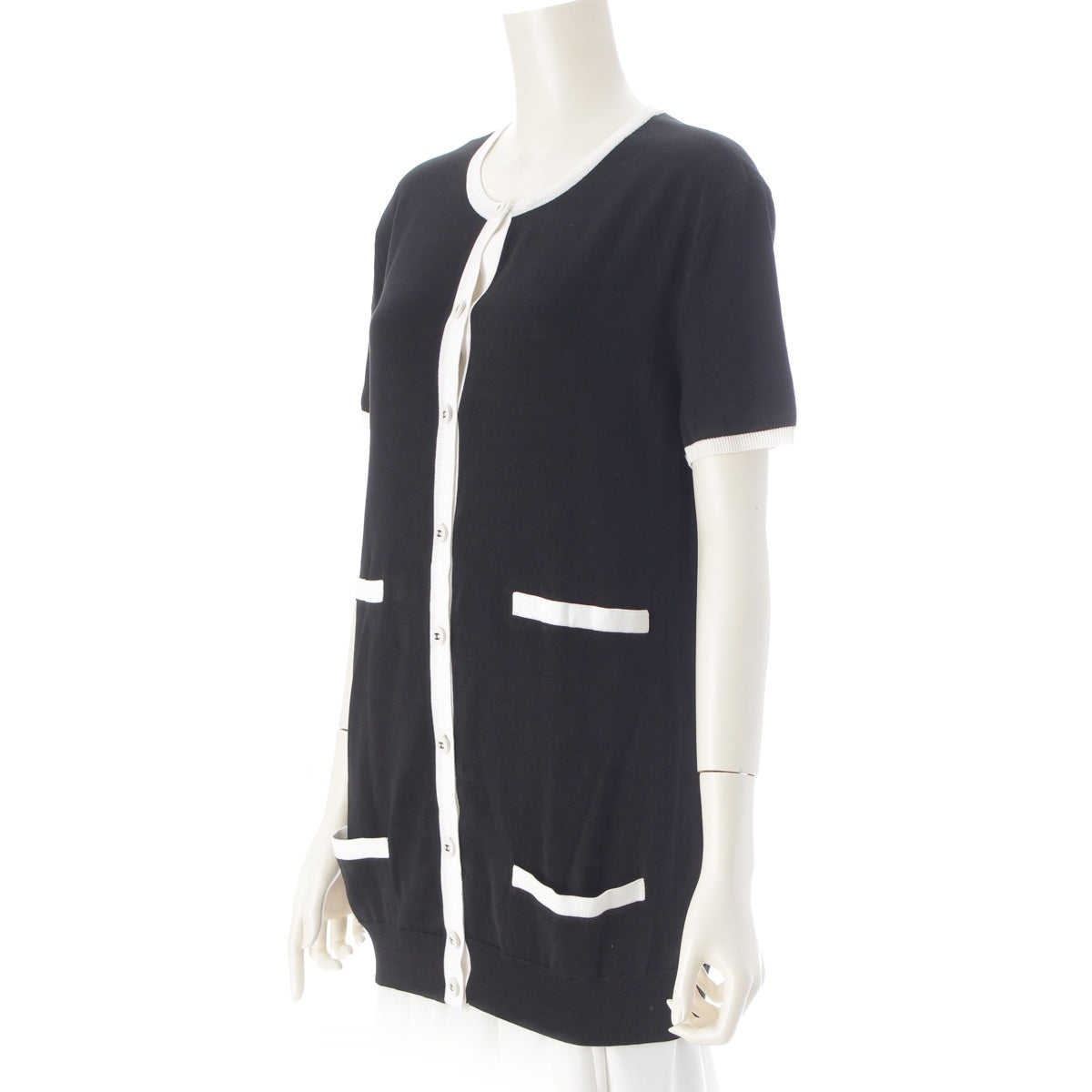CHANEL cotton Knit short sleeves cardigan tops P06329V00277 Black x white 42