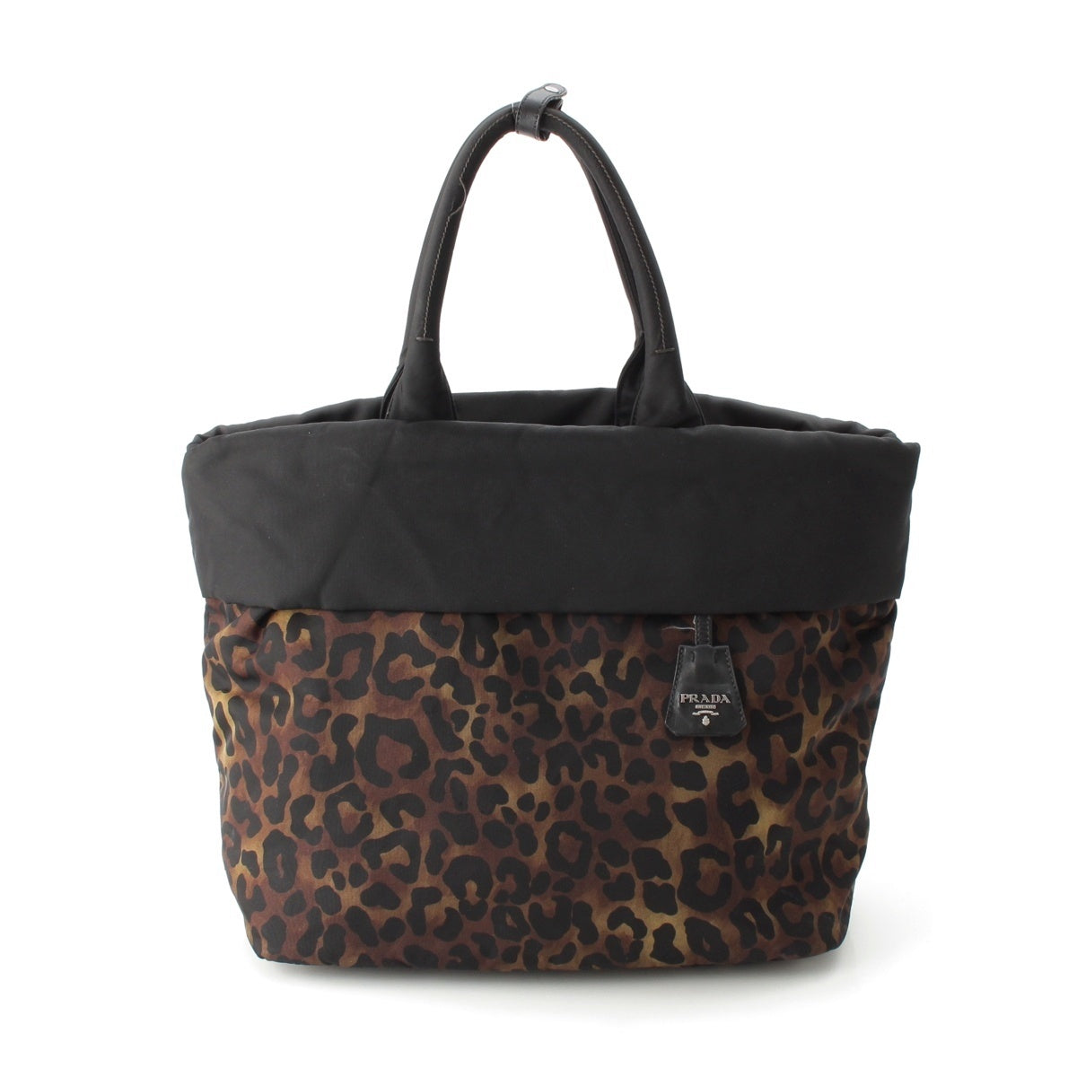 PRADA Nylon Triangle logo leopard Tote Bag Khaki black
