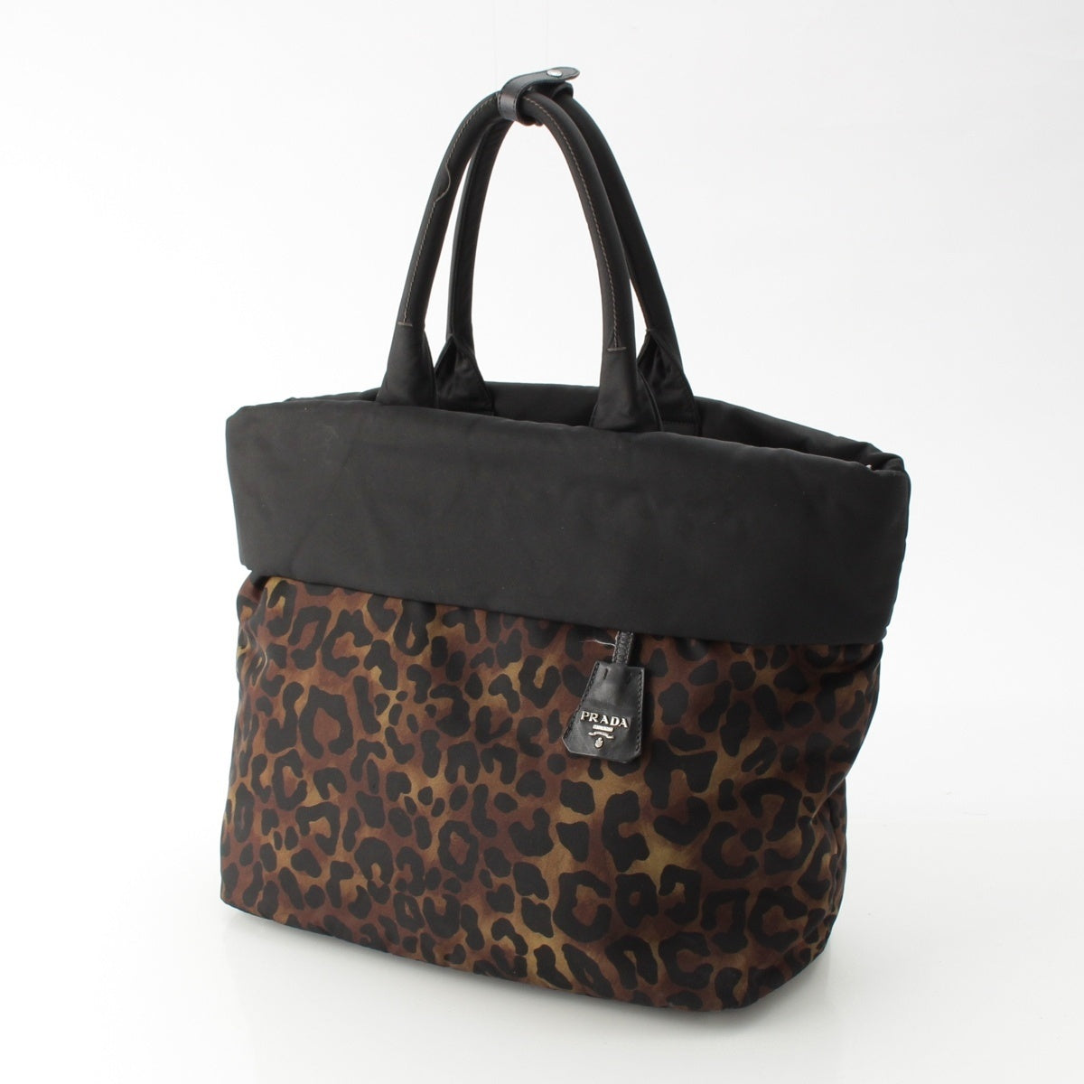 PRADA Nylon Triangle logo leopard Tote Bag Khaki black