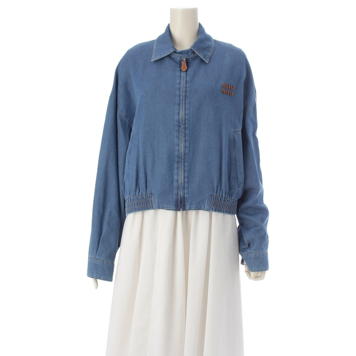 MIUMIU Logo Leather Chambray Zip-Up Jacket Blouson GWB258 Light blue 38