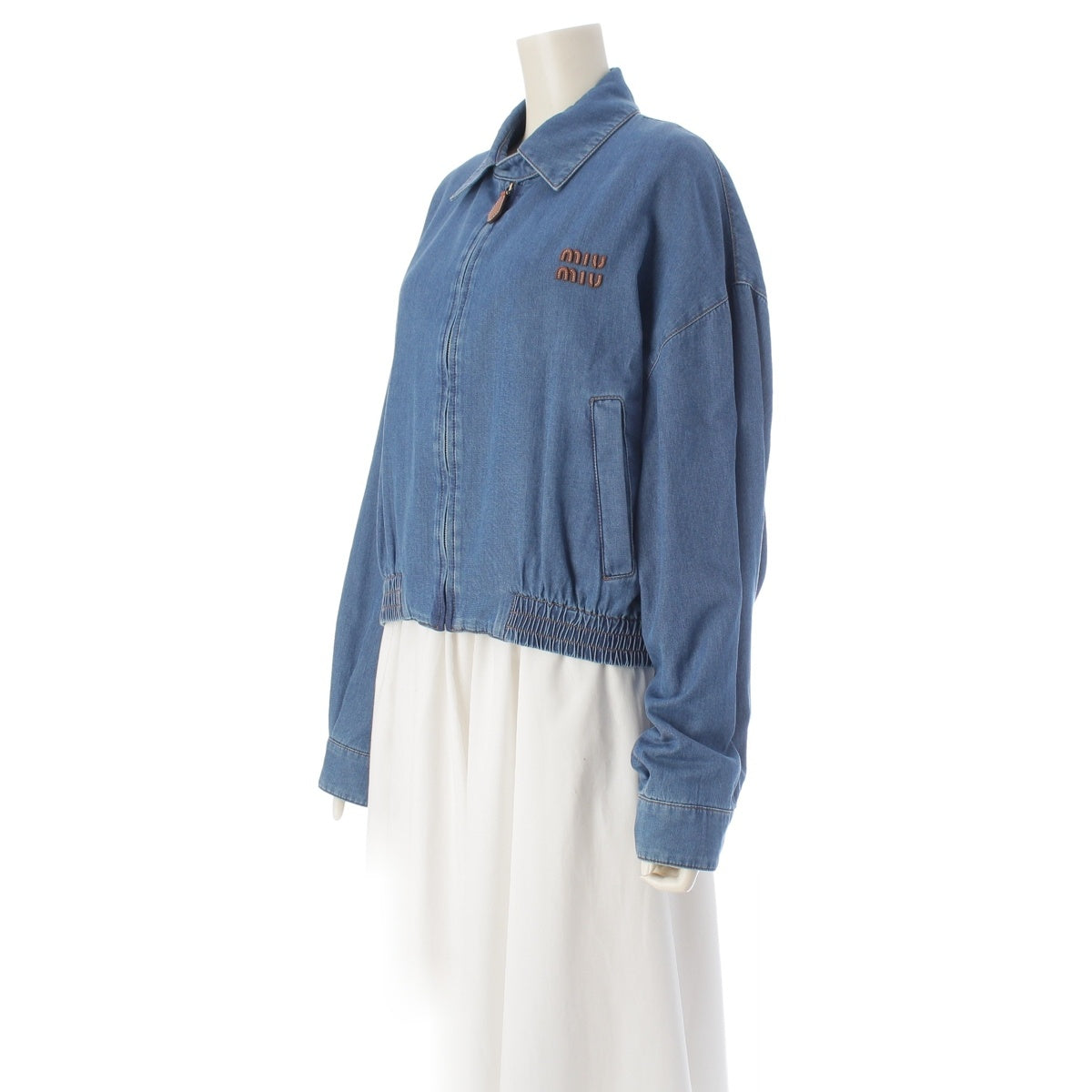 MIUMIU Logo Leather Chambray Zip-Up Jacket Blouson GWB258 Light blue 38