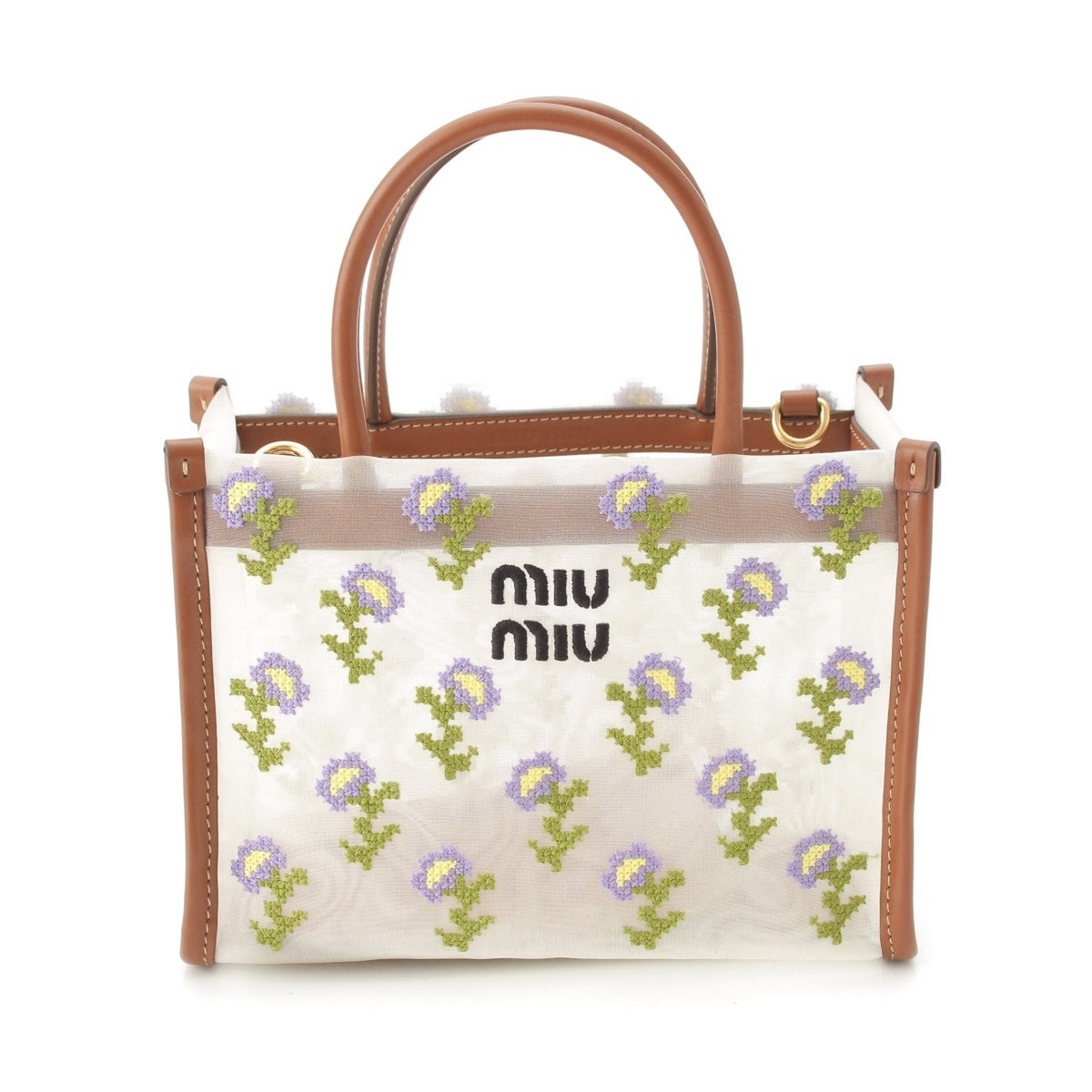MIUMIU Openwork knit sheer flower mini Tote Bag With porch White, Cognac, Brown