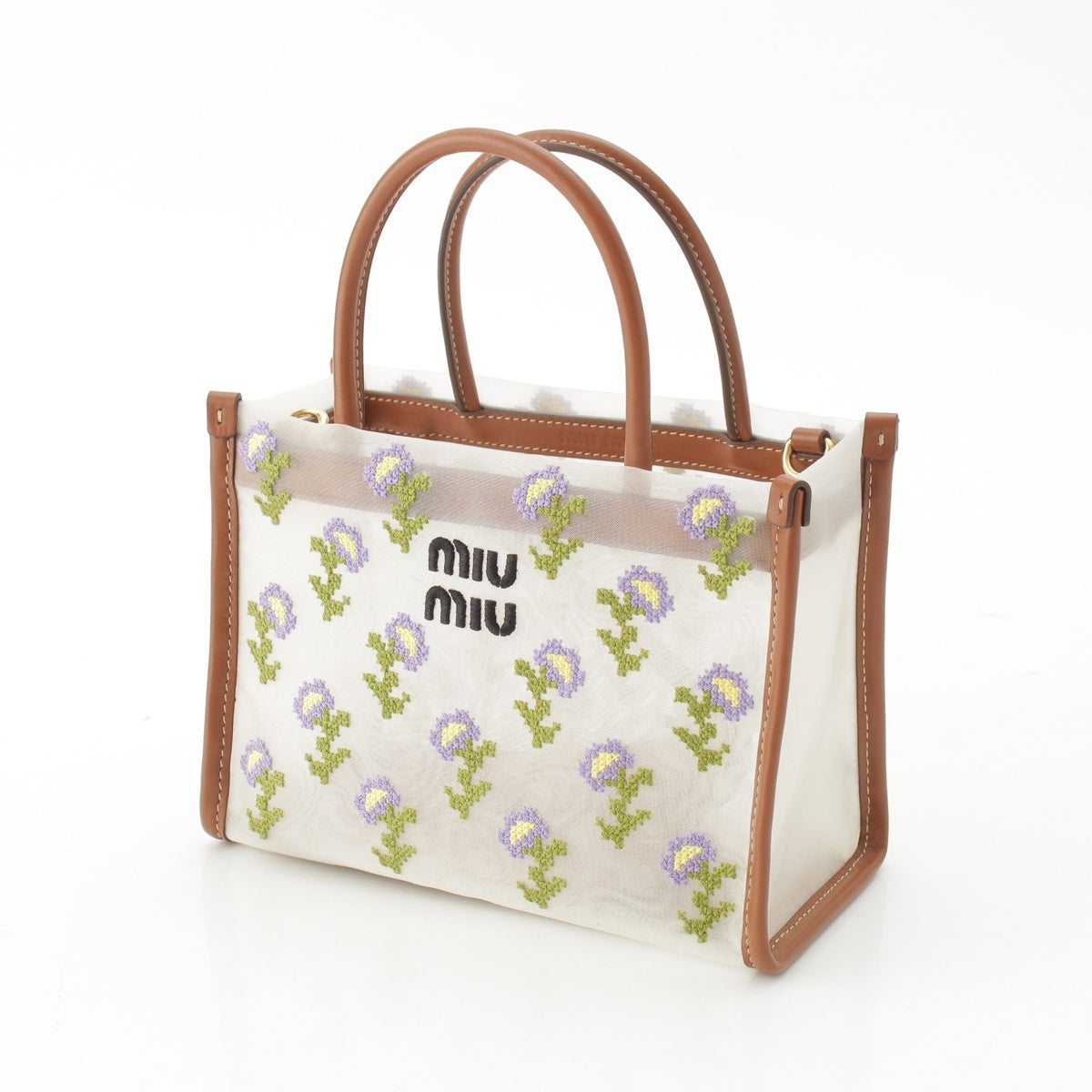 MIUMIU Openwork knit sheer flower mini Tote Bag With porch White, Cognac, Brown