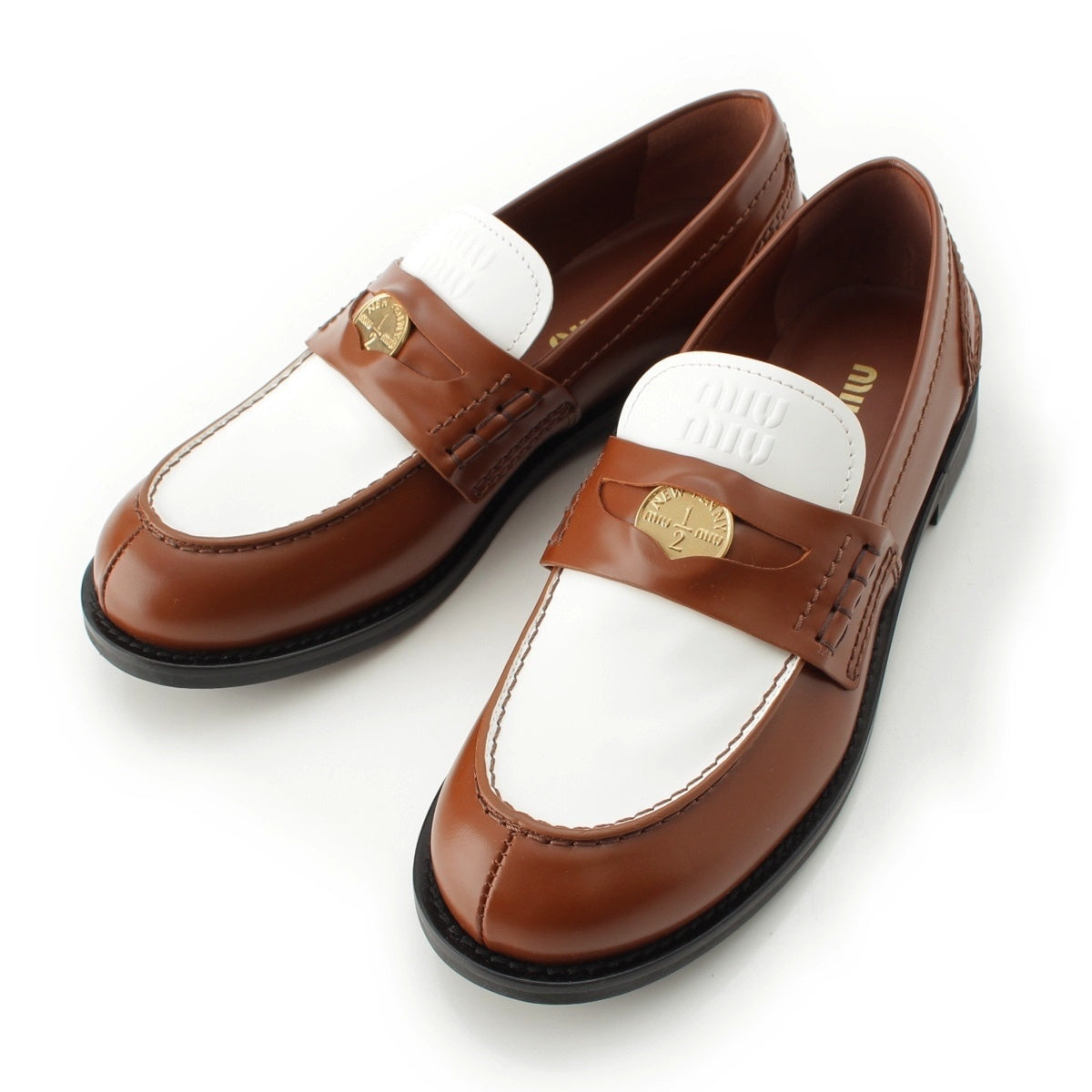MIUMIU leather coin penny loafers shoes 5D773D White, Cognac, Brown 38