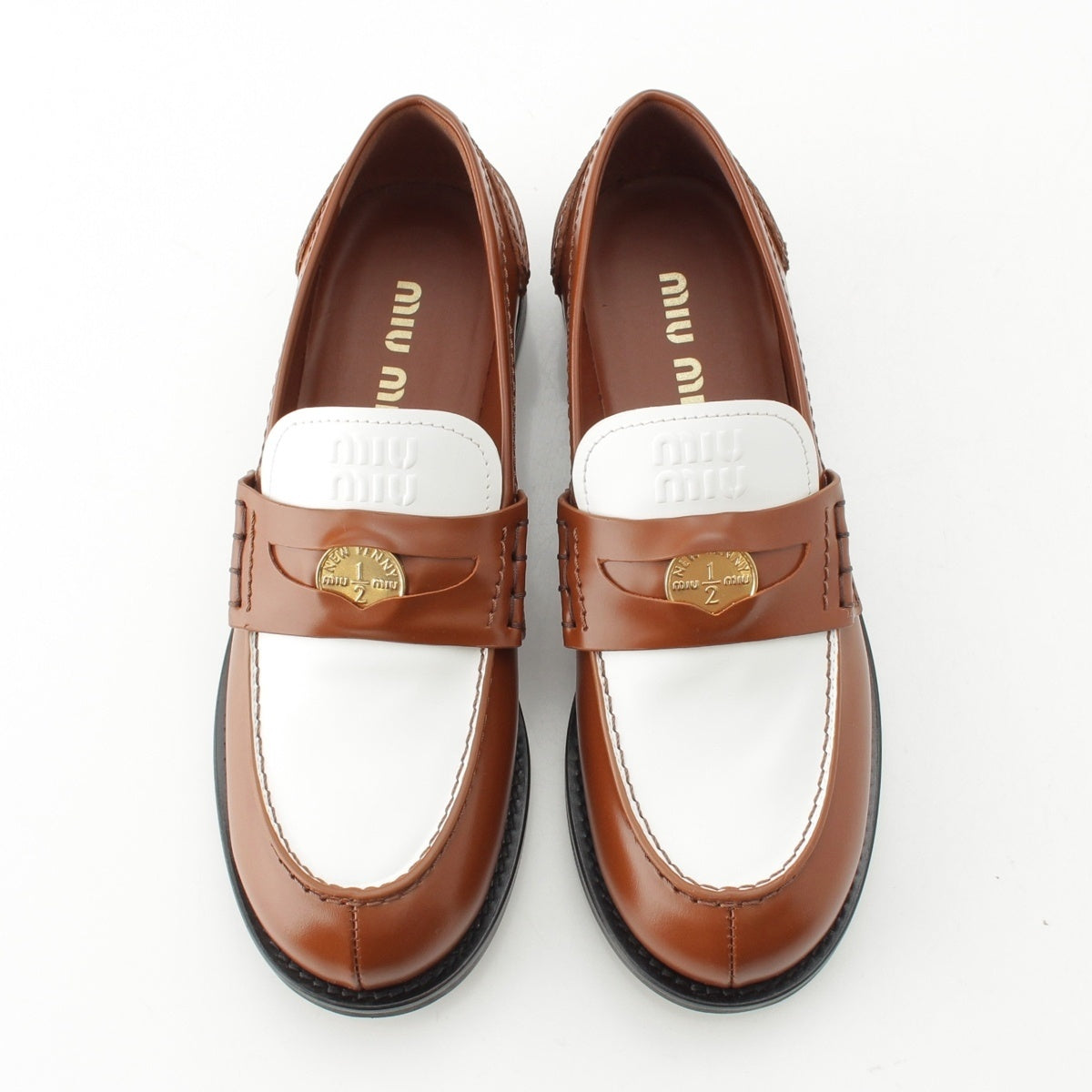 MIUMIU leather coin penny loafers shoes 5D773D White, Cognac, Brown 38