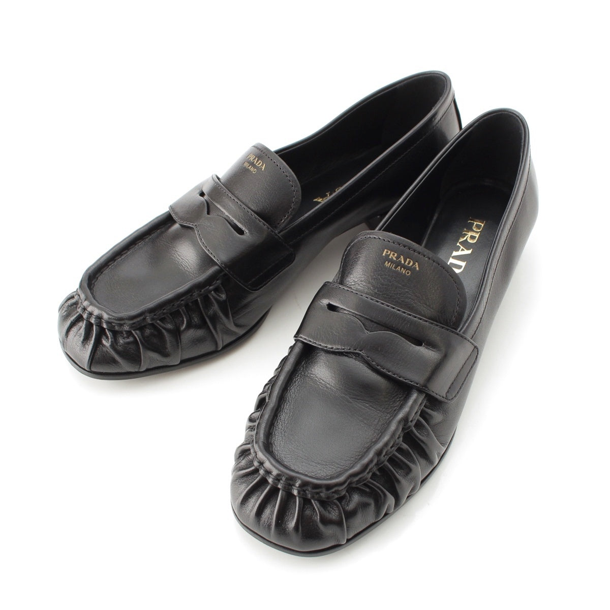 PRADA leather Gathered Flat Penny loafers shoes 1D175O black 37 1/2