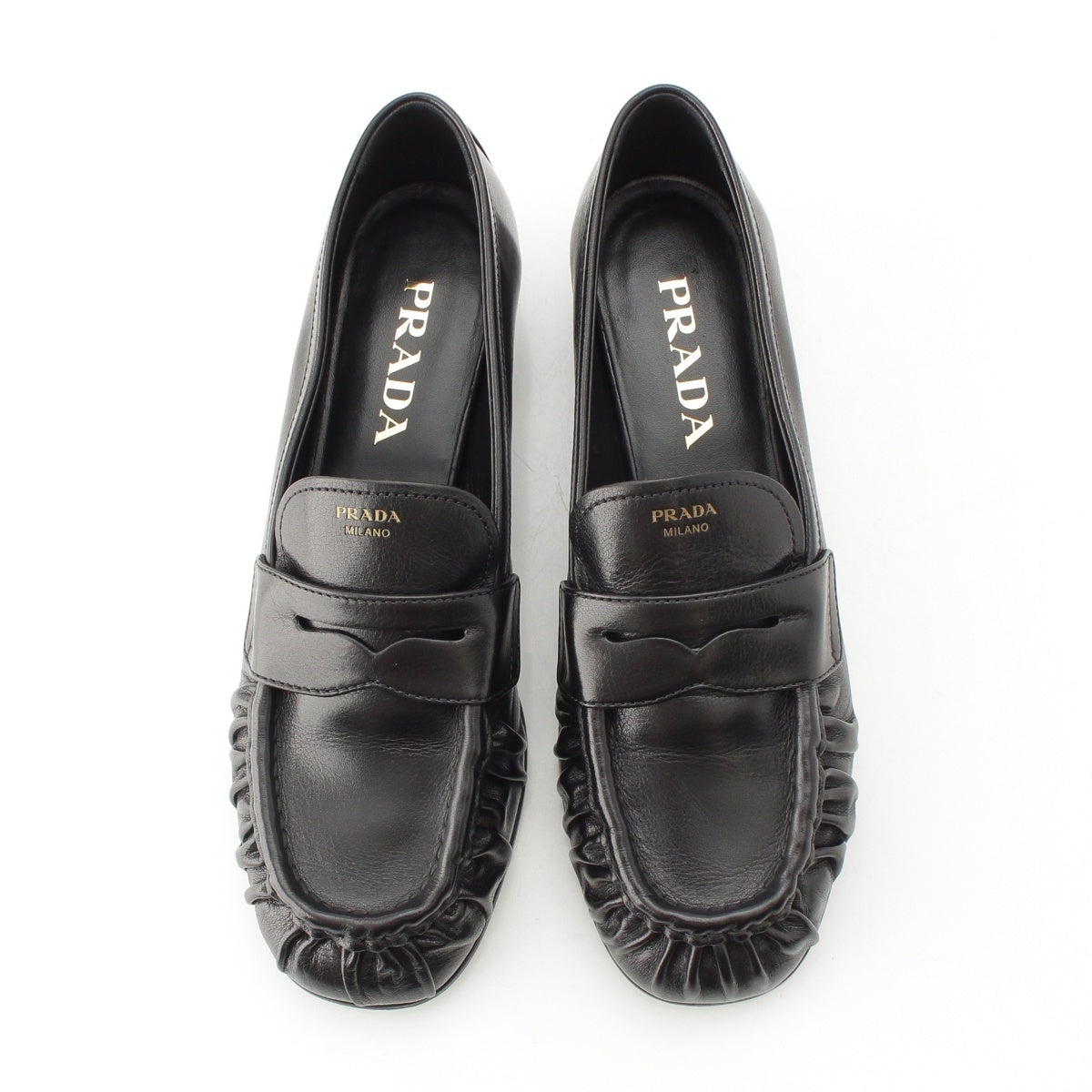 PRADA leather Gathered Flat Penny loafers shoes 1D175O black 37 1/2