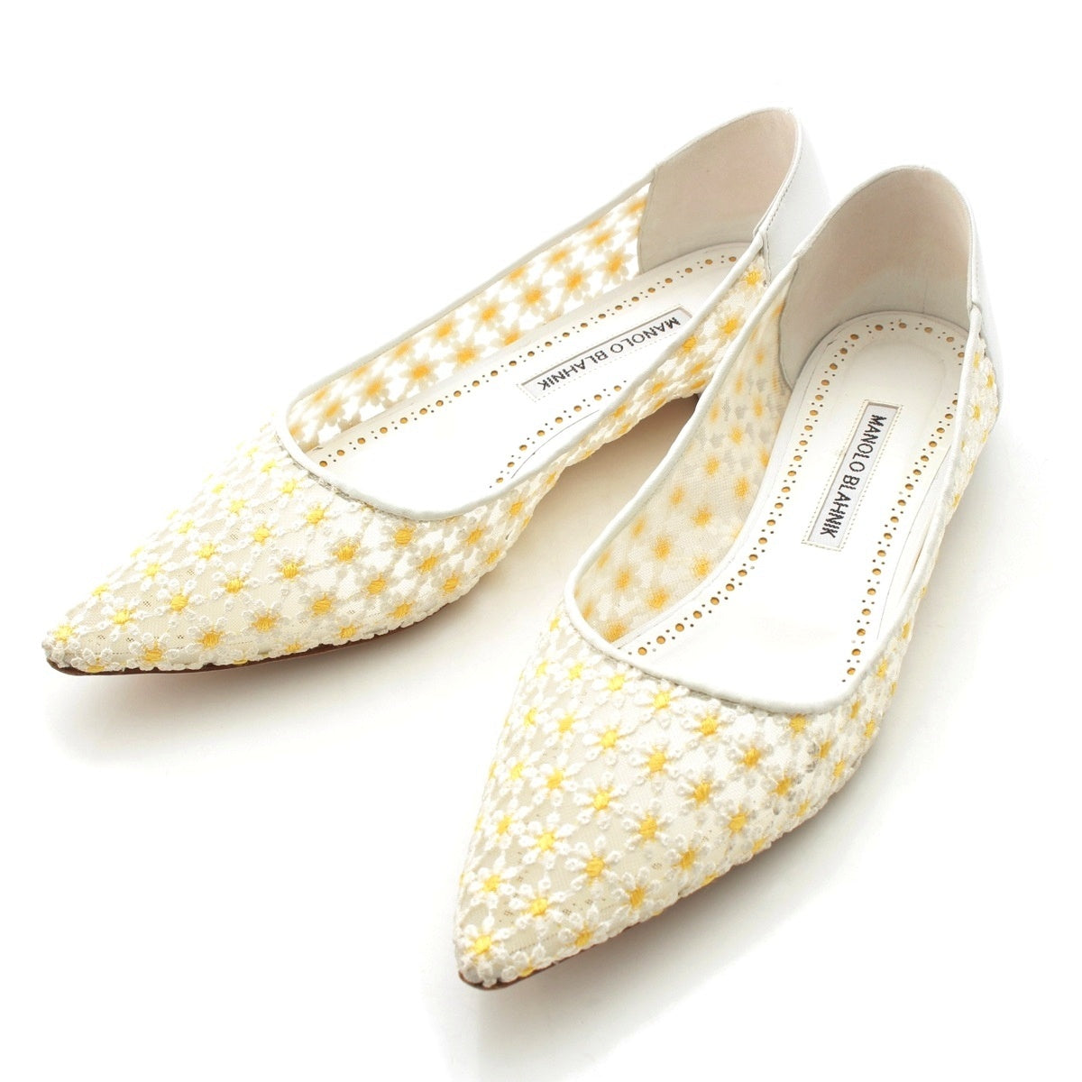 MANOLO BLAHNIK Daisy embroidered Floretta flats pumps shoes White yellow 38 1/2