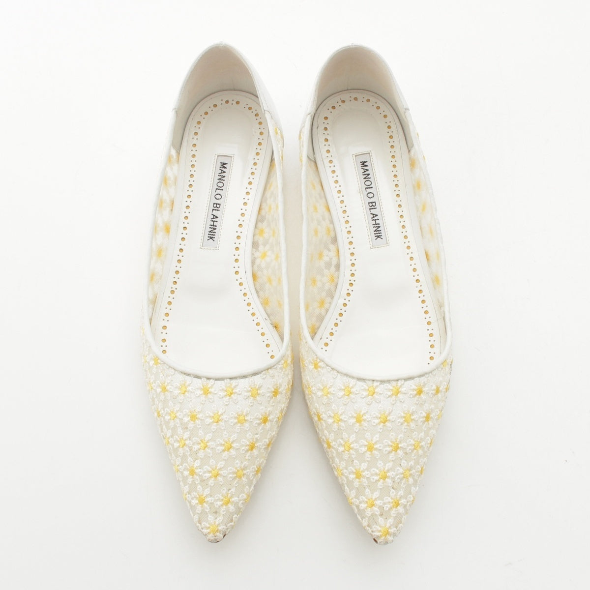 MANOLO BLAHNIK Daisy embroidered Floretta flats pumps shoes White yellow 38 1/2