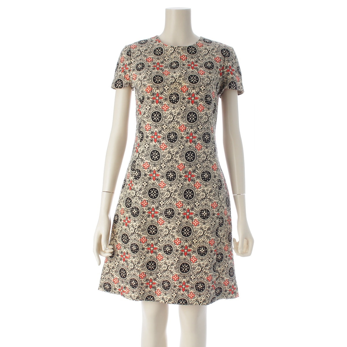 LOUIS VUITTON wool Monogram print, short-sleeved, French sleeve, back zip, conscious style. one piece Off-white multicolor 34