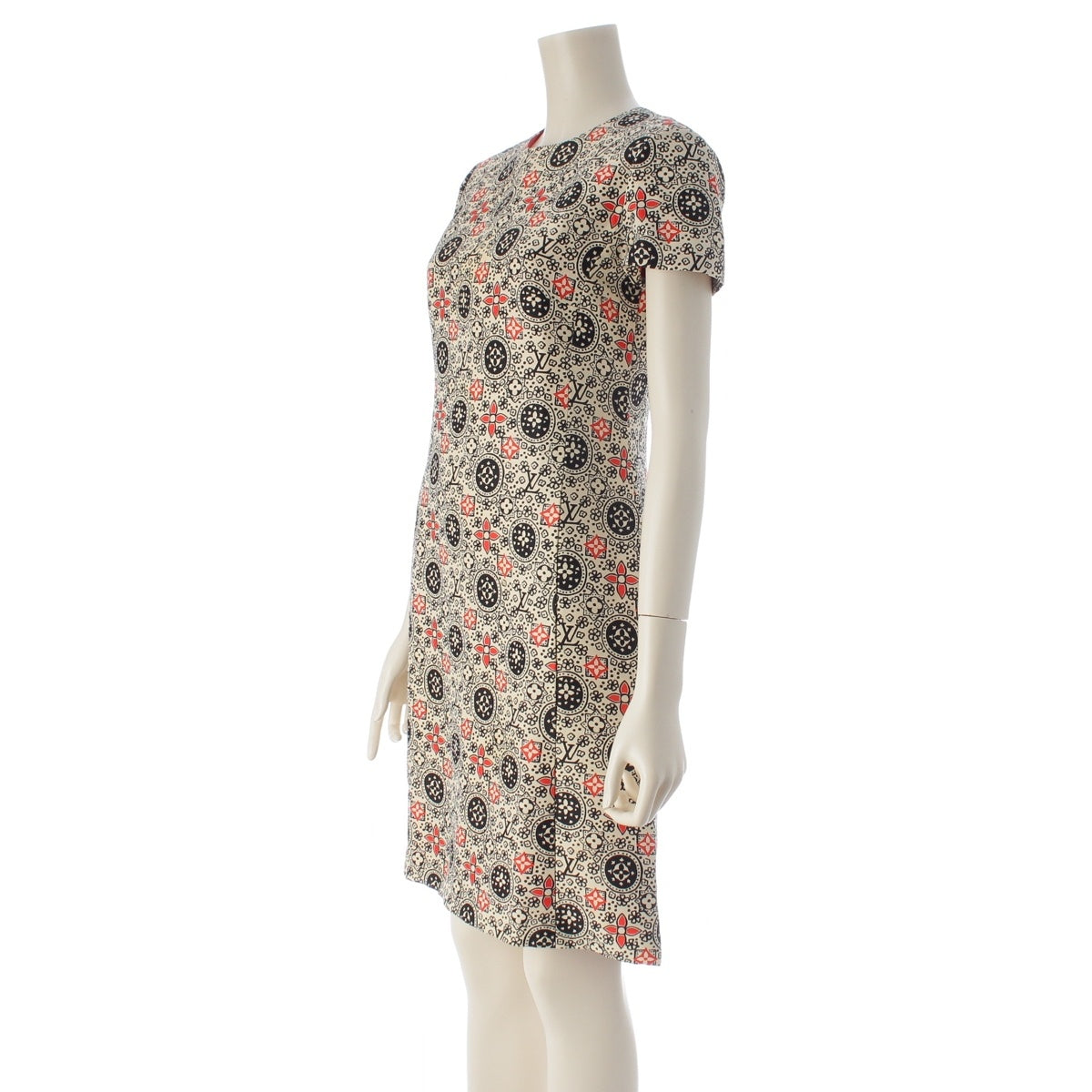 LOUIS VUITTON wool Monogram print, short-sleeved, French sleeve, back zip, conscious style. one piece Off-white multicolor 34