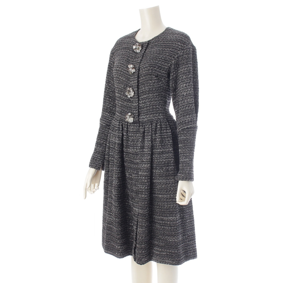 CHANEL Tweed Karl Lagerfeld long dress with jeweled buttons one piece dress P44830 Gray 34