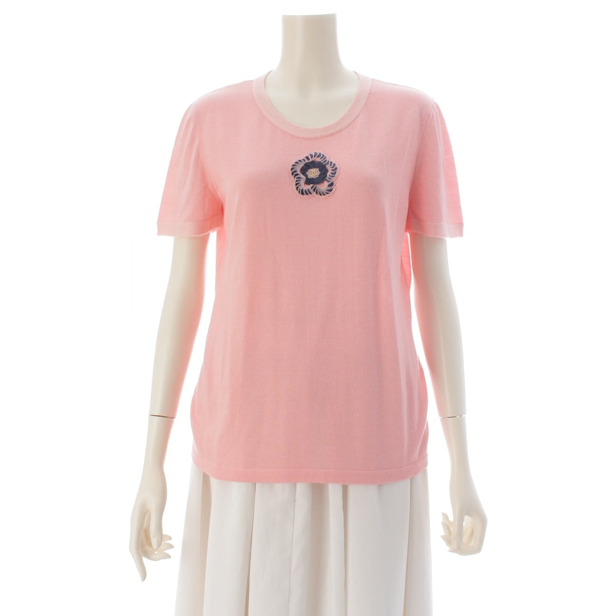 CHANEL cashmere silk COCO Mark Camellia Knit knit Short sleeve top P40353 Pink black 40