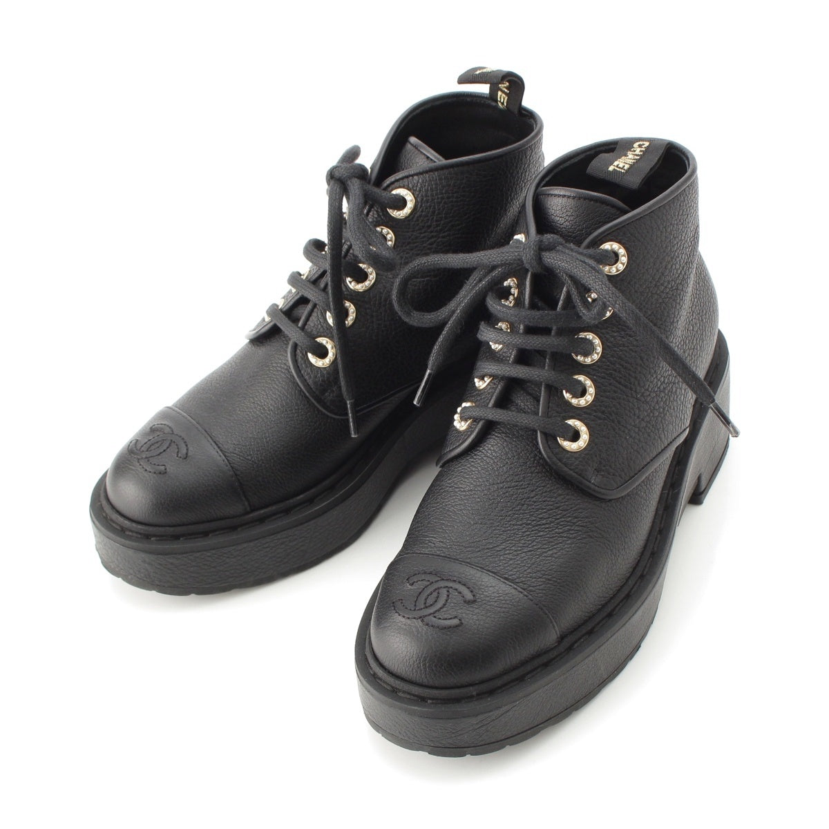 CHANEL leather F Pearl Embellished COCO Mark Lace-Up Shorts boots Ankle boots G36416 black 36