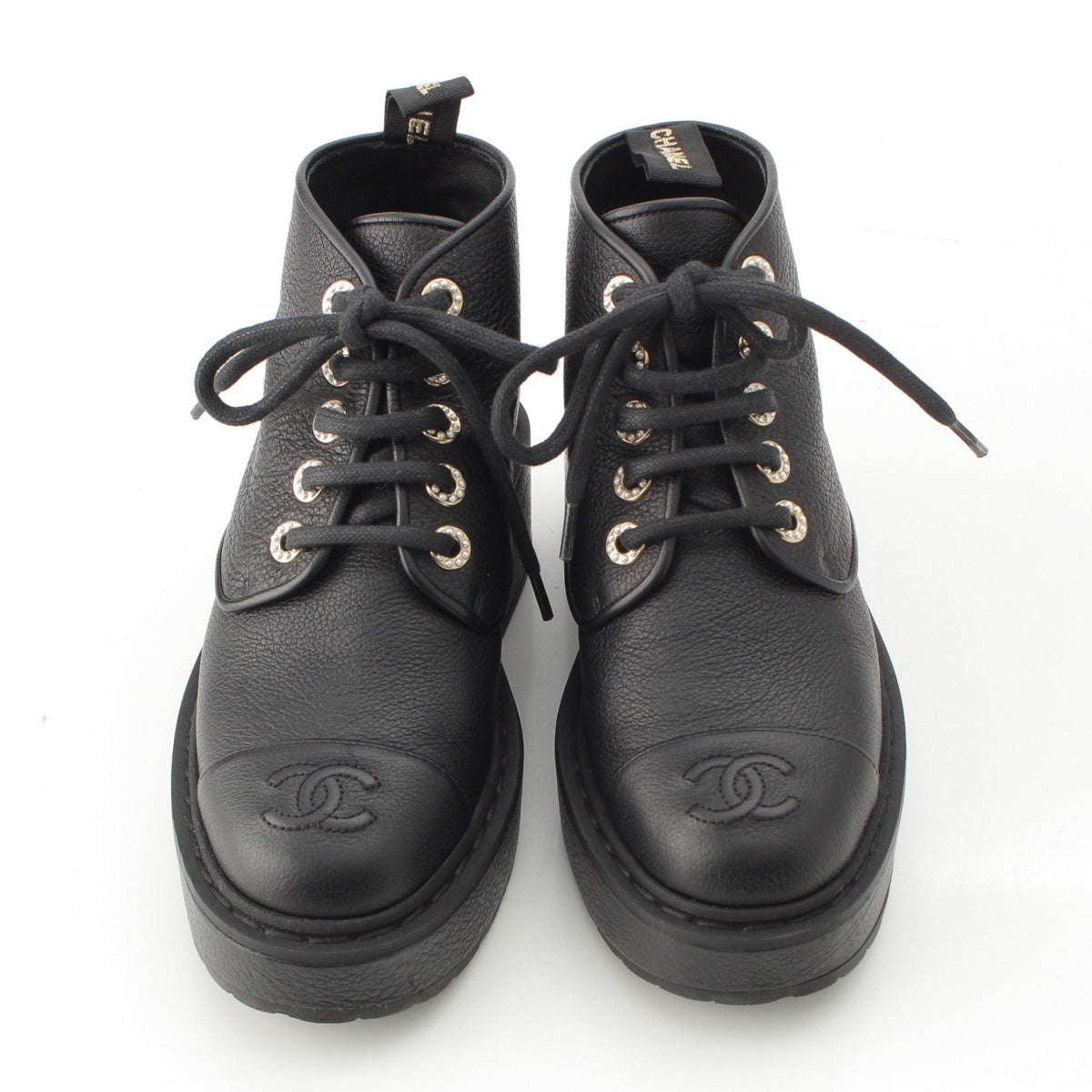 CHANEL leather F Pearl Embellished COCO Mark Lace-Up Shorts boots Ankle boots G36416 black 36