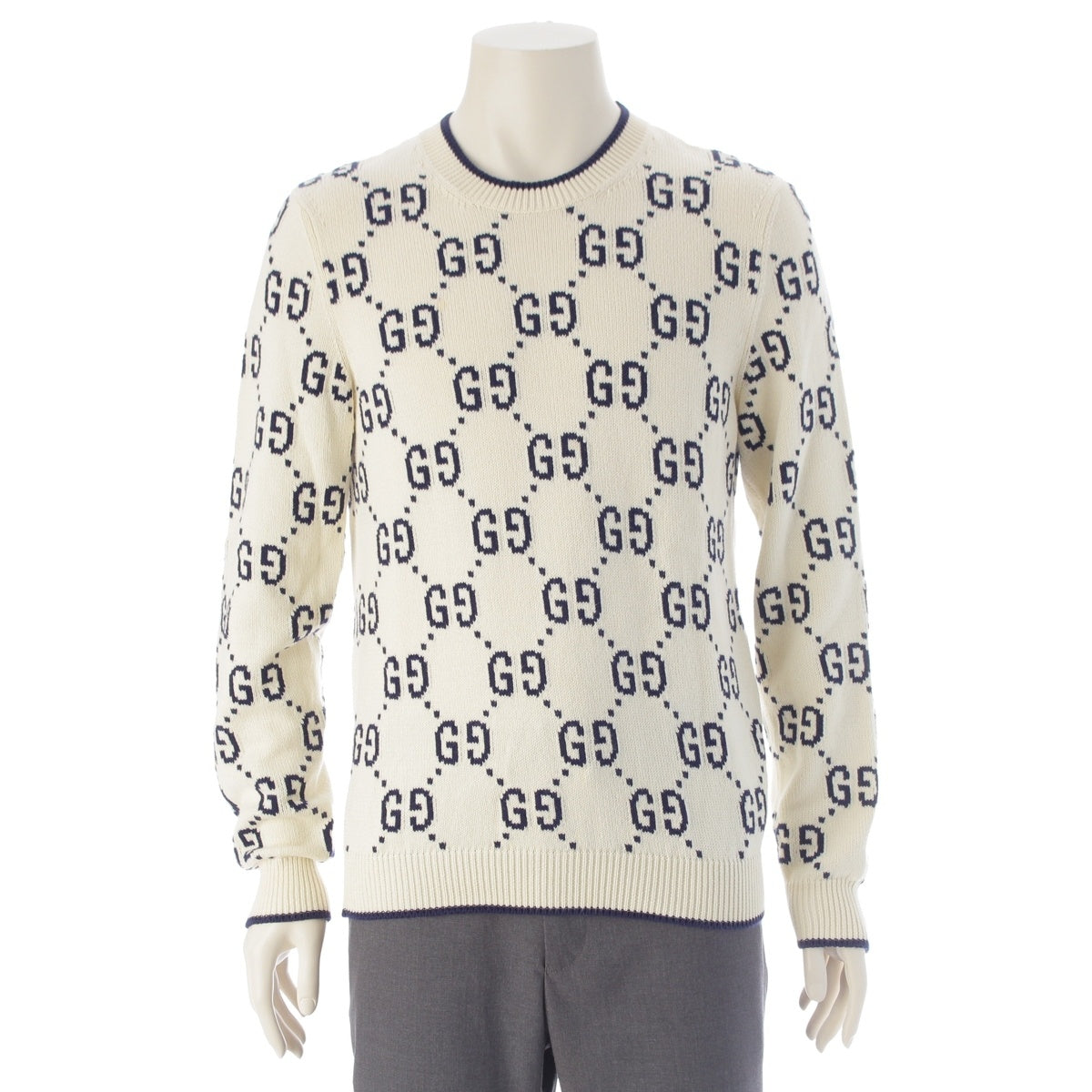 GUCCI cotton GG Jacquard sweater Knit Top 694767 White x navy S