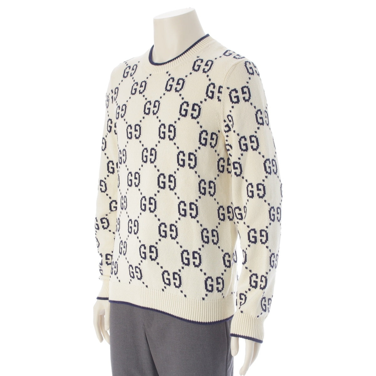 GUCCI cotton GG Jacquard sweater Knit Top 694767 White x navy S
