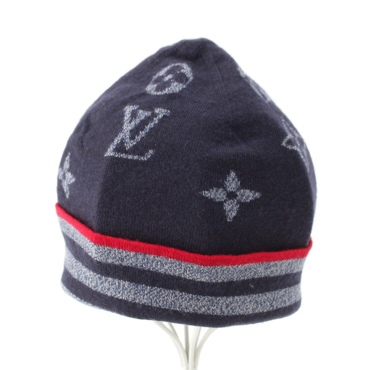 LOUIS VUITTON wool Monogram Border Knit cap Beanie hat M76027 Navy red