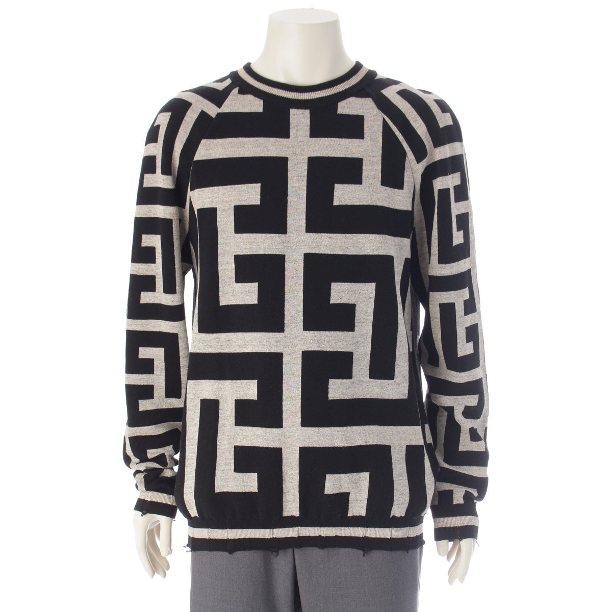 BALMAIN wool Logo long-sleeved top with distressed finish. knit KE030KC45 black greige S