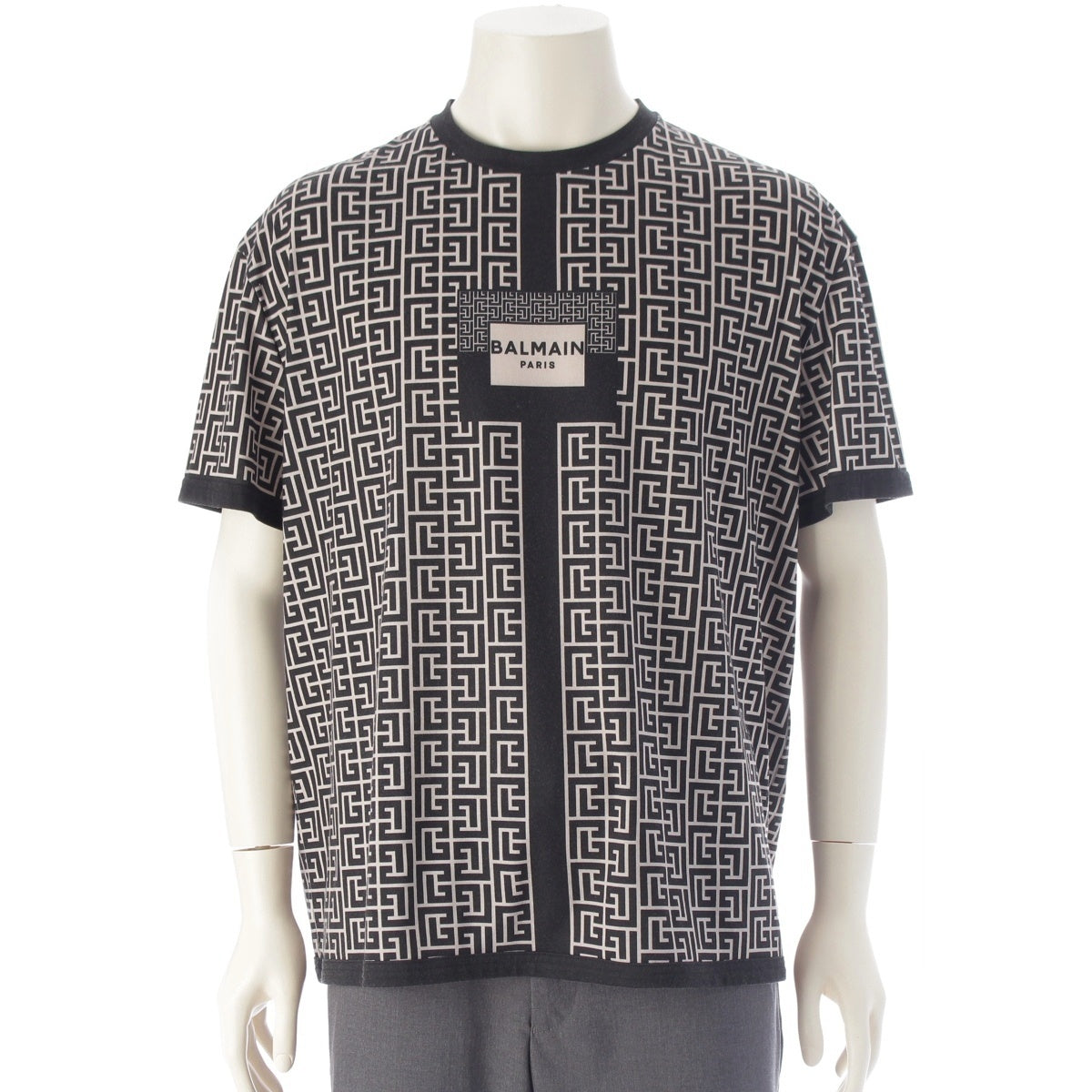 BALMAIN Logo all-over print monogram crew neck Cut EH000G051 Black beige XS