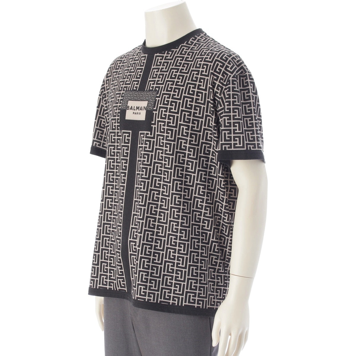 BALMAIN Logo all-over print monogram crew neck Cut EH000G051 Black beige XS