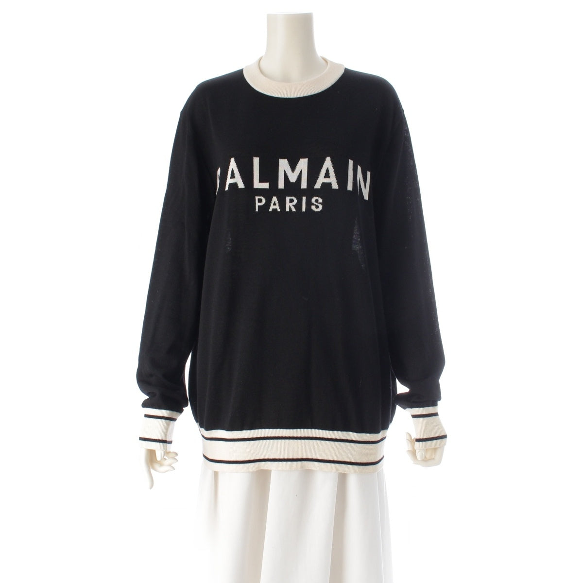 BALMAIN wool Logo two-tone crew neck knit sweater KD006K012 Black White S