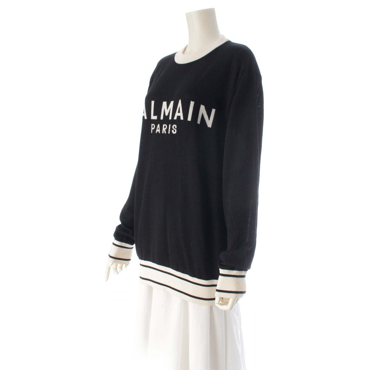 BALMAIN wool Logo two-tone crew neck knit sweater KD006K012 Black White S