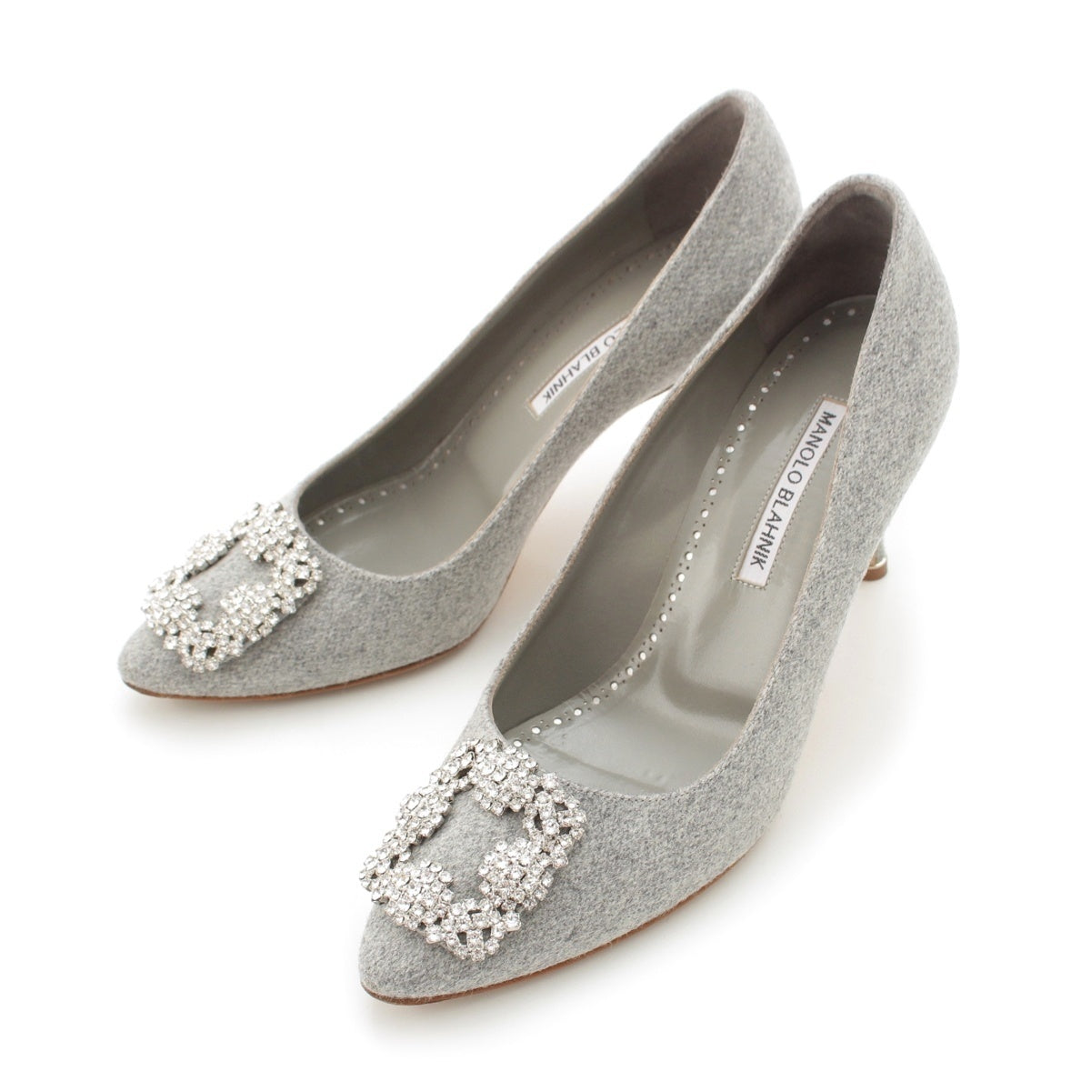 MANOLO BLAHNIK Hangishi wool Bejeweled Buckle pumps gray 38