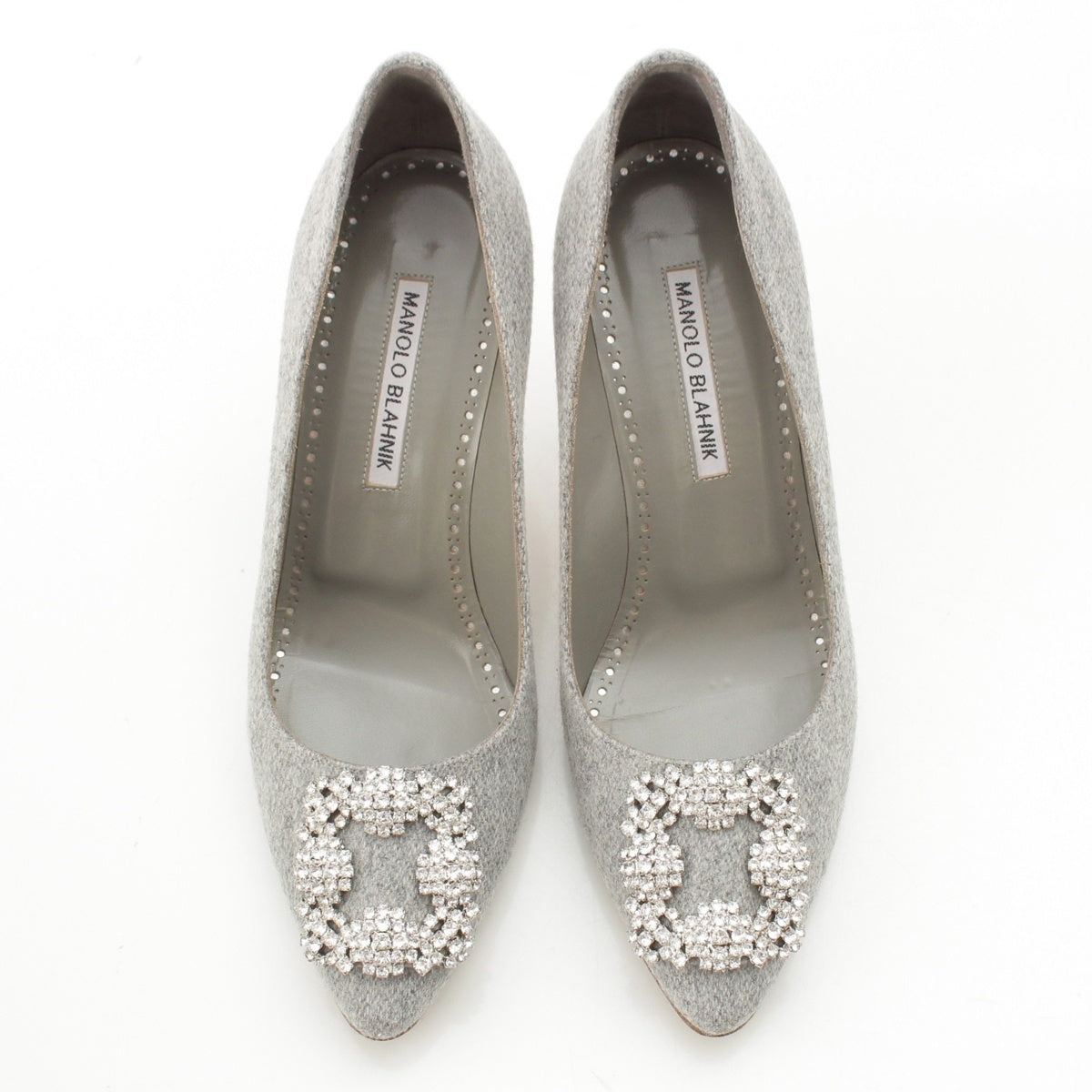 MANOLO BLAHNIK Hangishi wool Bejeweled Buckle pumps gray 38