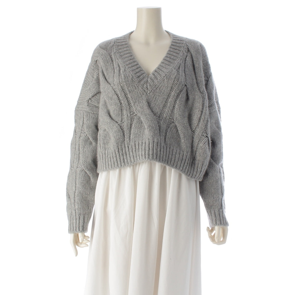 CELINE cashmere V-neck cable knit sweater Cropped top, long sleeves 2AF74086U gray S