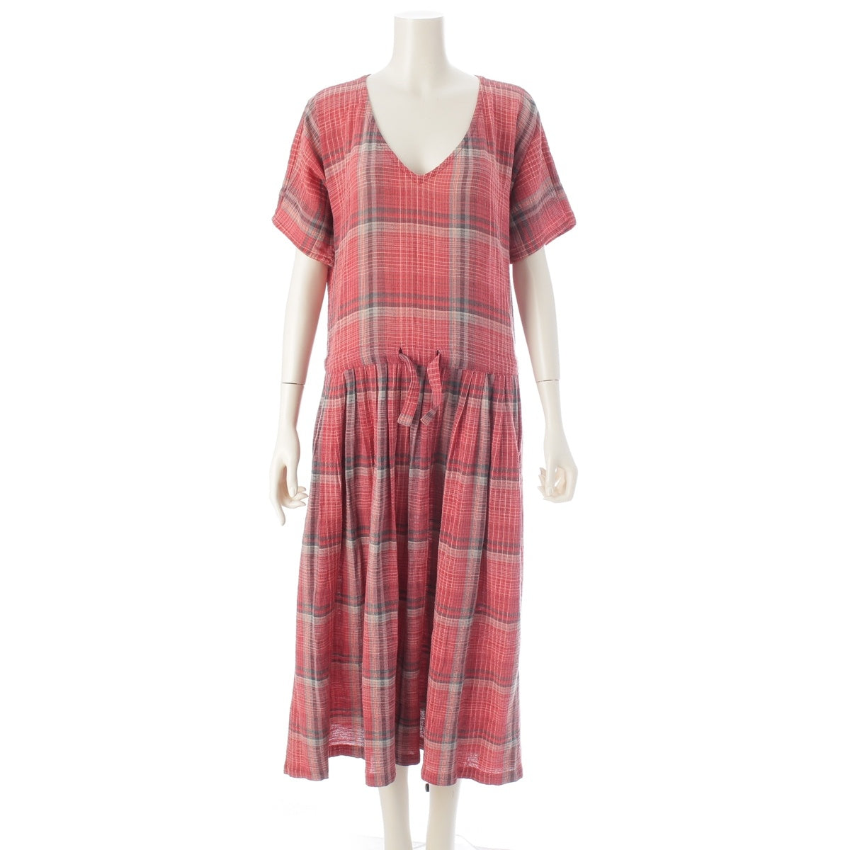 ISSEY MIYAKE cotton Solid color tag, check pattern, tuck design one piece MM22629 Pink 9