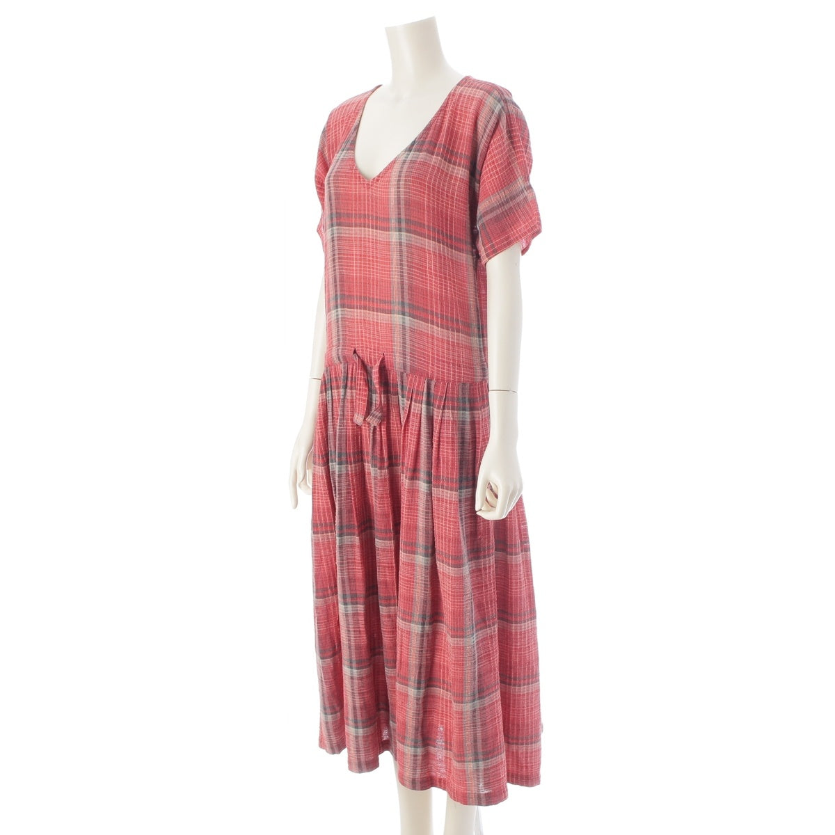ISSEY MIYAKE cotton Solid color tag, check pattern, tuck design one piece MM22629 Pink 9