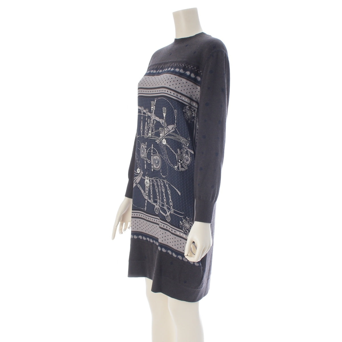 HERMES Court tack cashmere silk Bandana Pattern Switching one piece Twillaine Tunic Top, Long Sleeve 2H2825DS Gray, navy, multicolor 34