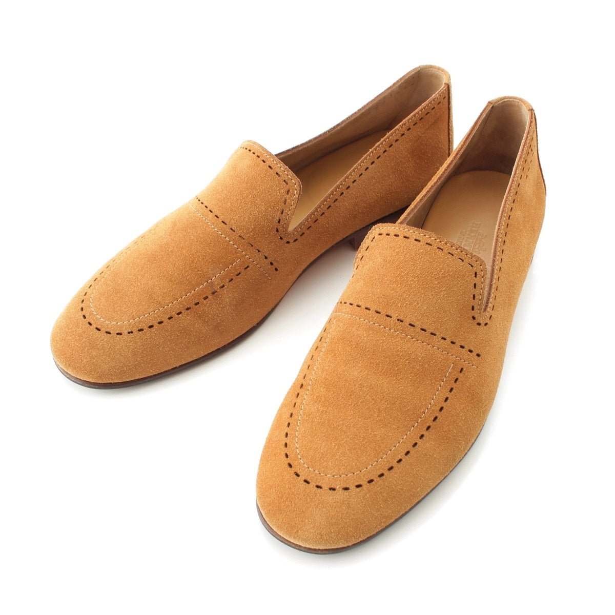 HERMES Suede Stitched punching design loafers Flat shoes, leather shoes Camel brown 39