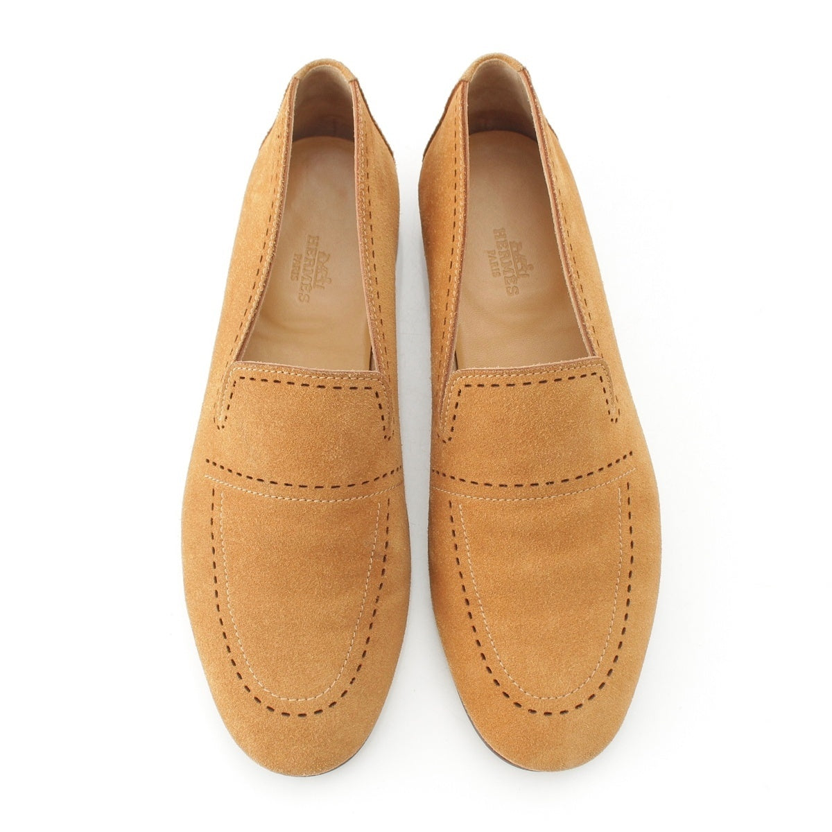 HERMES Suede Stitched punching design loafers Flat shoes, leather shoes Camel brown 39