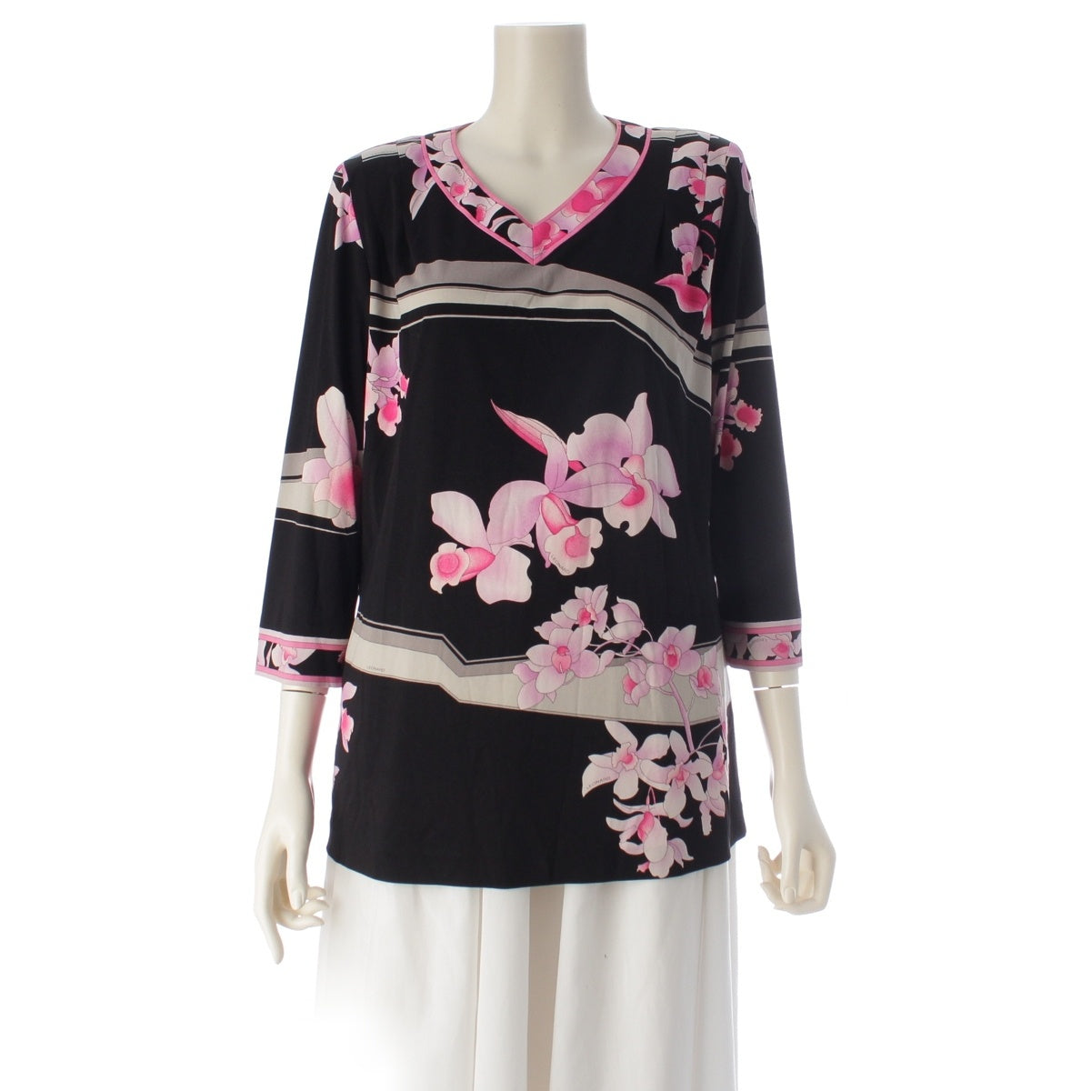 LEONARD Cancan material V-neck Floral pattern Tunic 0129217 Pink black M