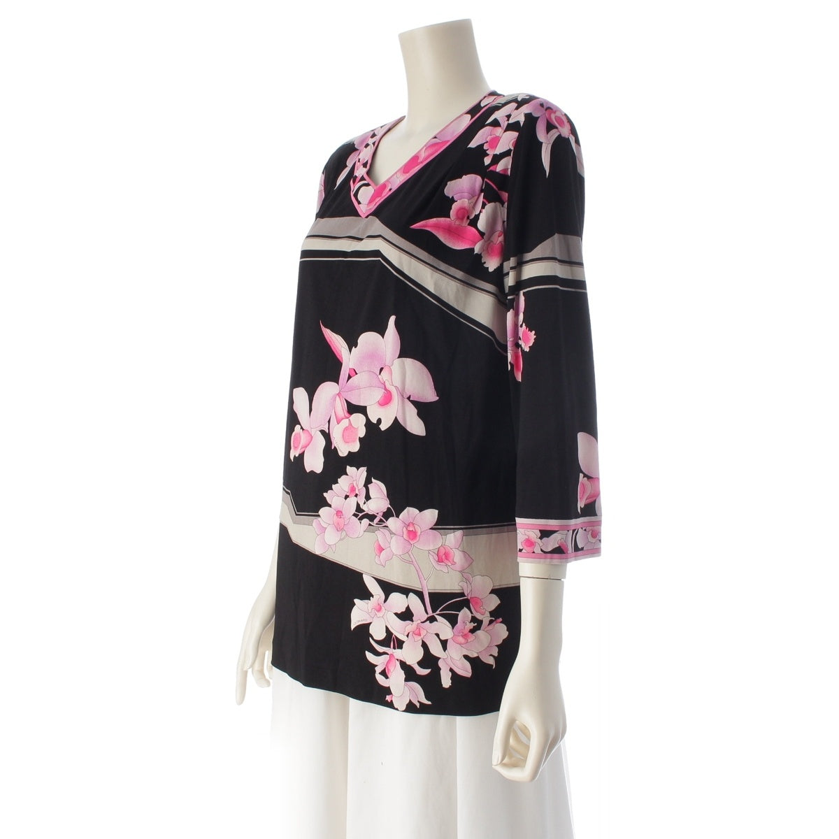 LEONARD Cancan material V-neck Floral pattern Tunic 0129217 Pink black M