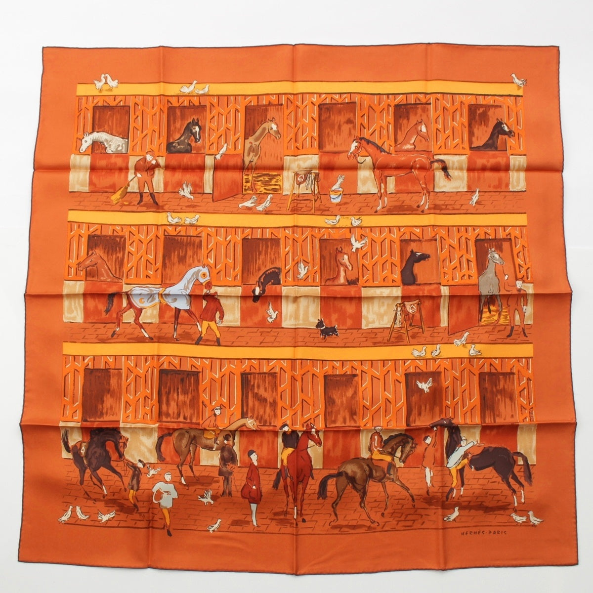 HERMES Calle 90 silk CLERC Horse Stable scarf Brown