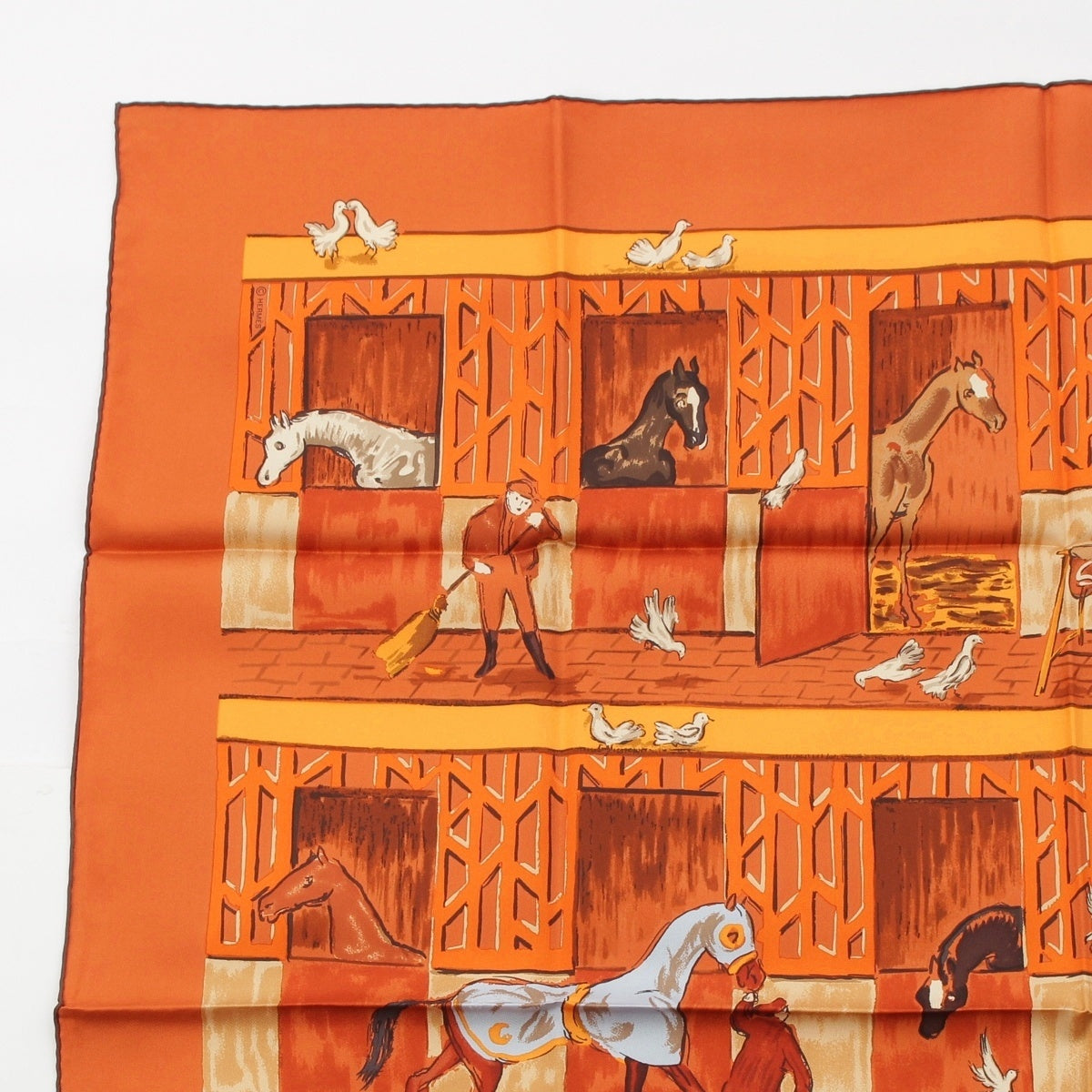 HERMES Calle 90 silk CLERC Horse Stable scarf Brown