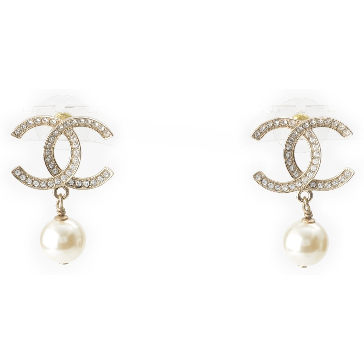 CHANEL COCO Mark Rhinestone Pearl Pierce Accessories Champagne Gold