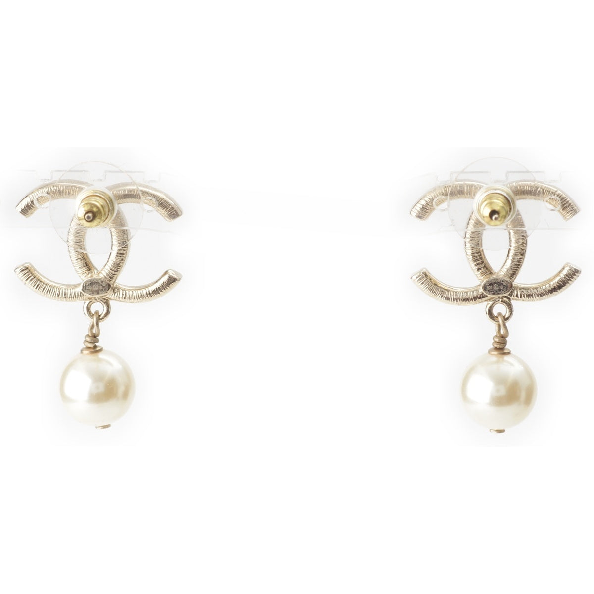 CHANEL COCO Mark Rhinestone Pearl Pierce Accessories Champagne Gold