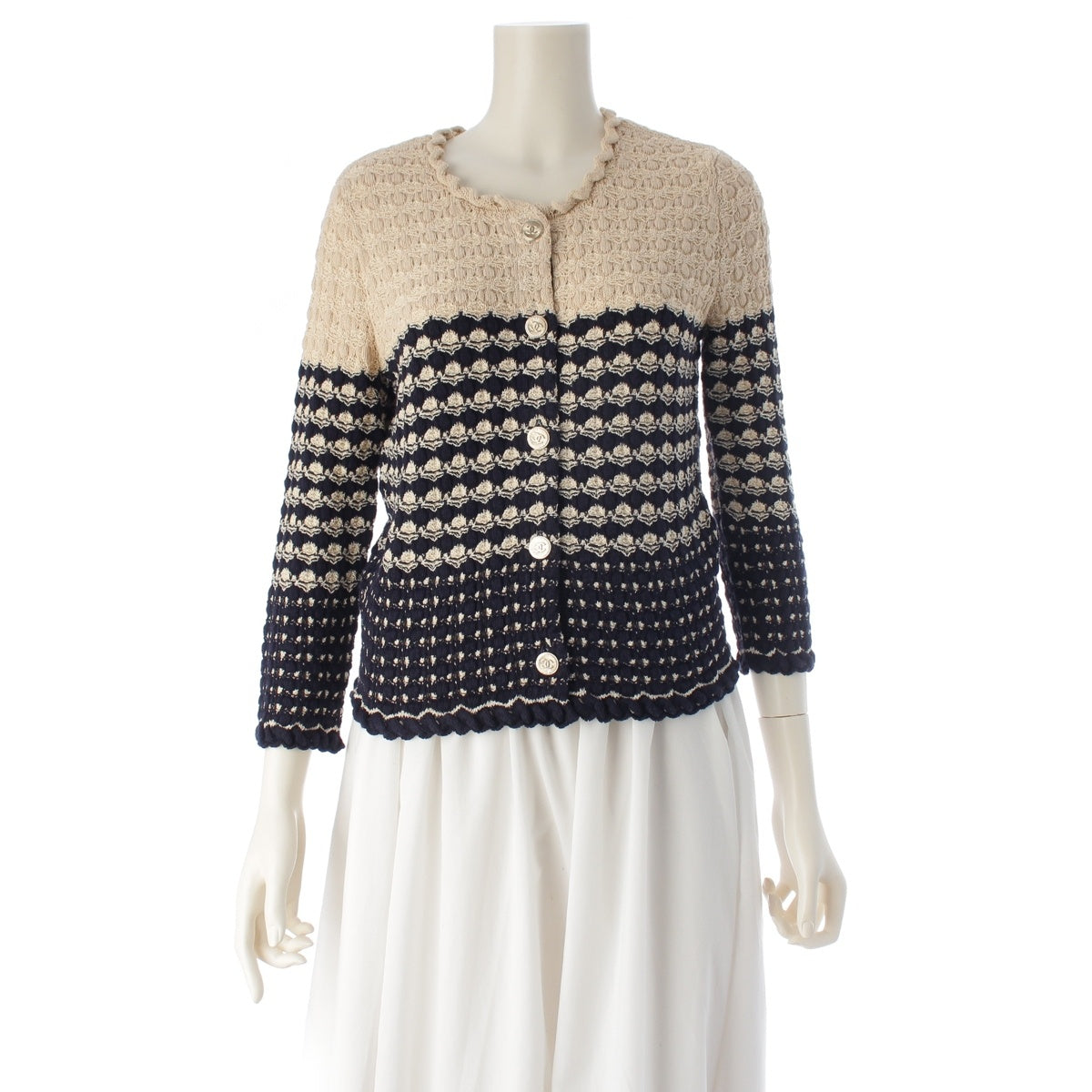 CHANEL Cotton rayon COCO Button No Collar cardigan P43365 Ivory navy 36