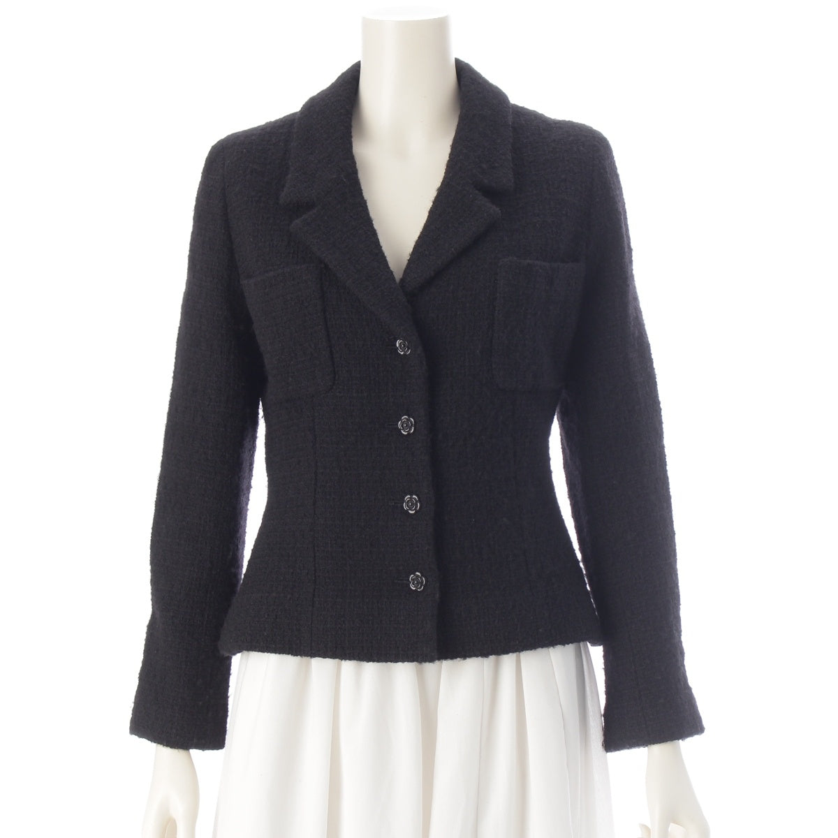 CHANEL wool angora blend Tweed camellia button tailored jacket outer P18924 black 38