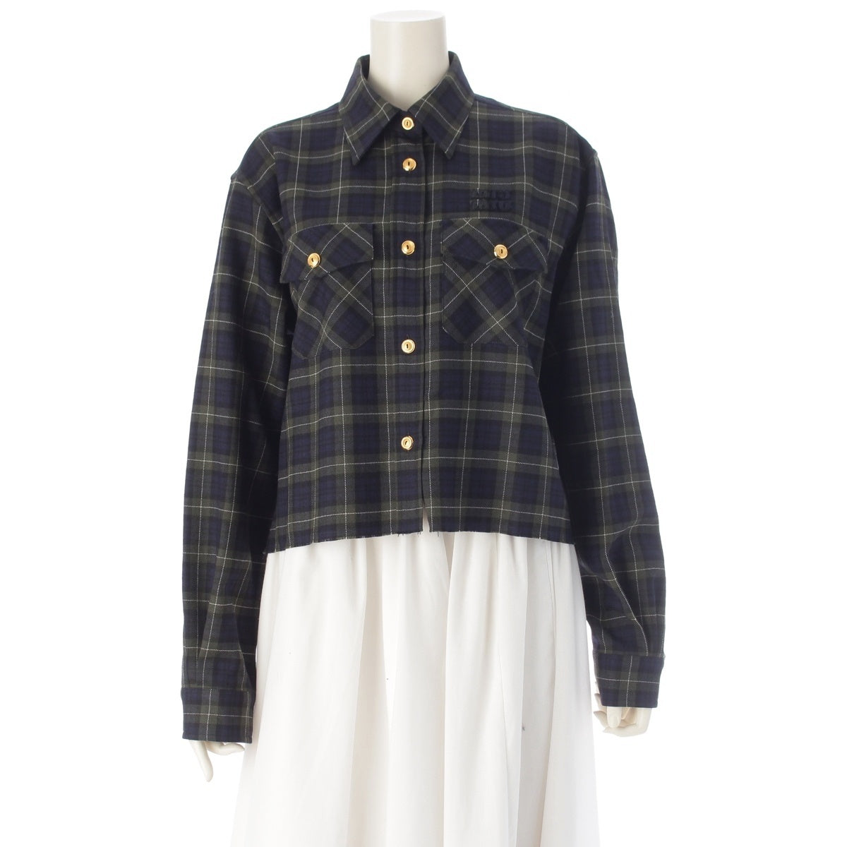 MIUMIU Virgin wool Checkered pattern, gold buttons, cropped pants Jacket Long sleeve logo MK1907 Black Navy Green 40